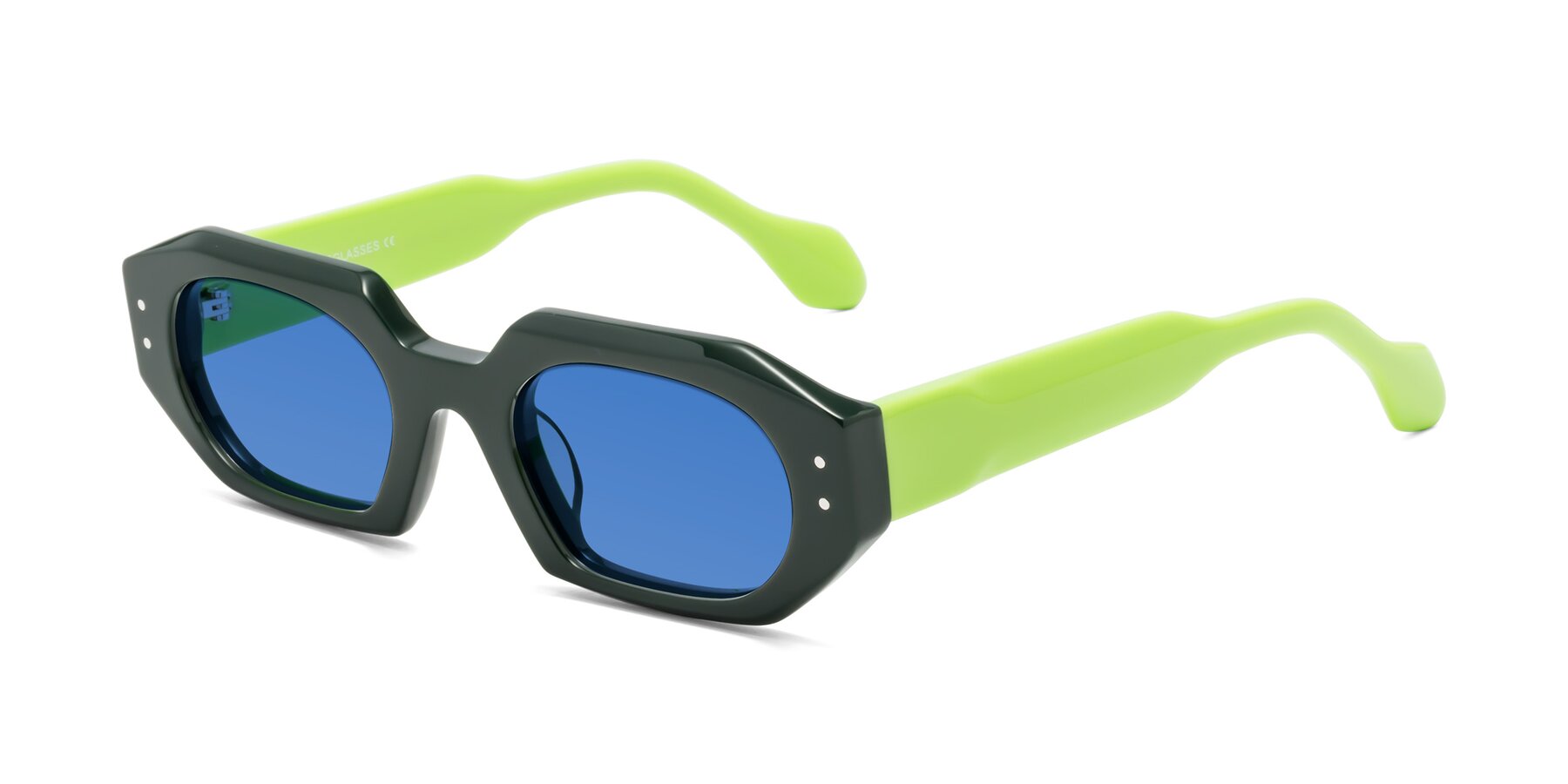 Angle of Molly in Forest-Lime with Blue Tinted Lenses