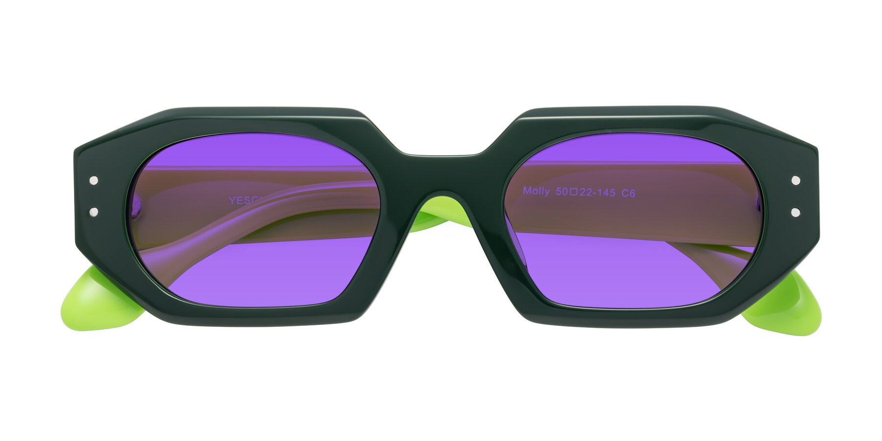 Folded Front of Molly in Forest-Lime with Purple Tinted Lenses