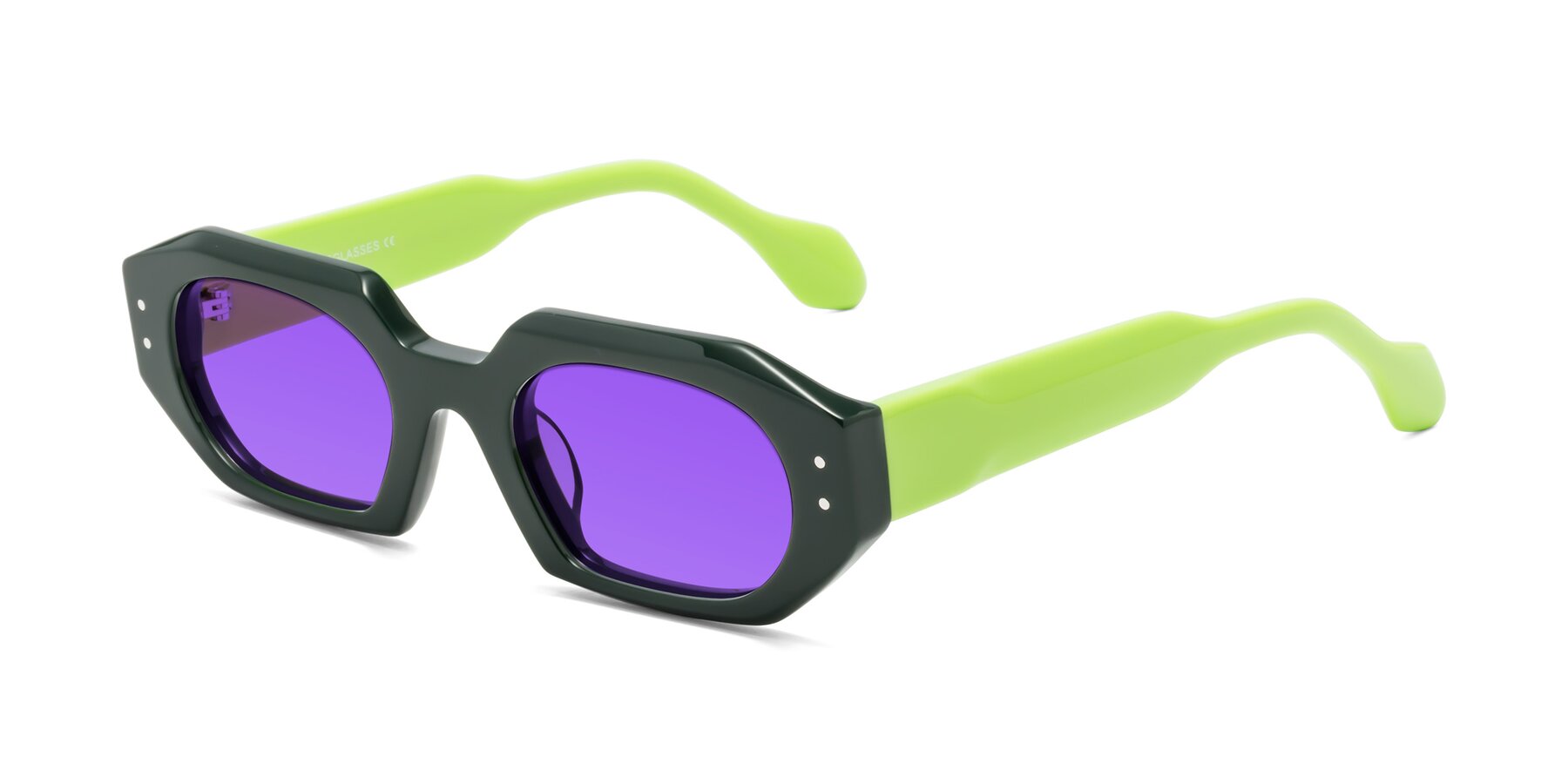 Angle of Molly in Forest-Lime with Purple Tinted Lenses