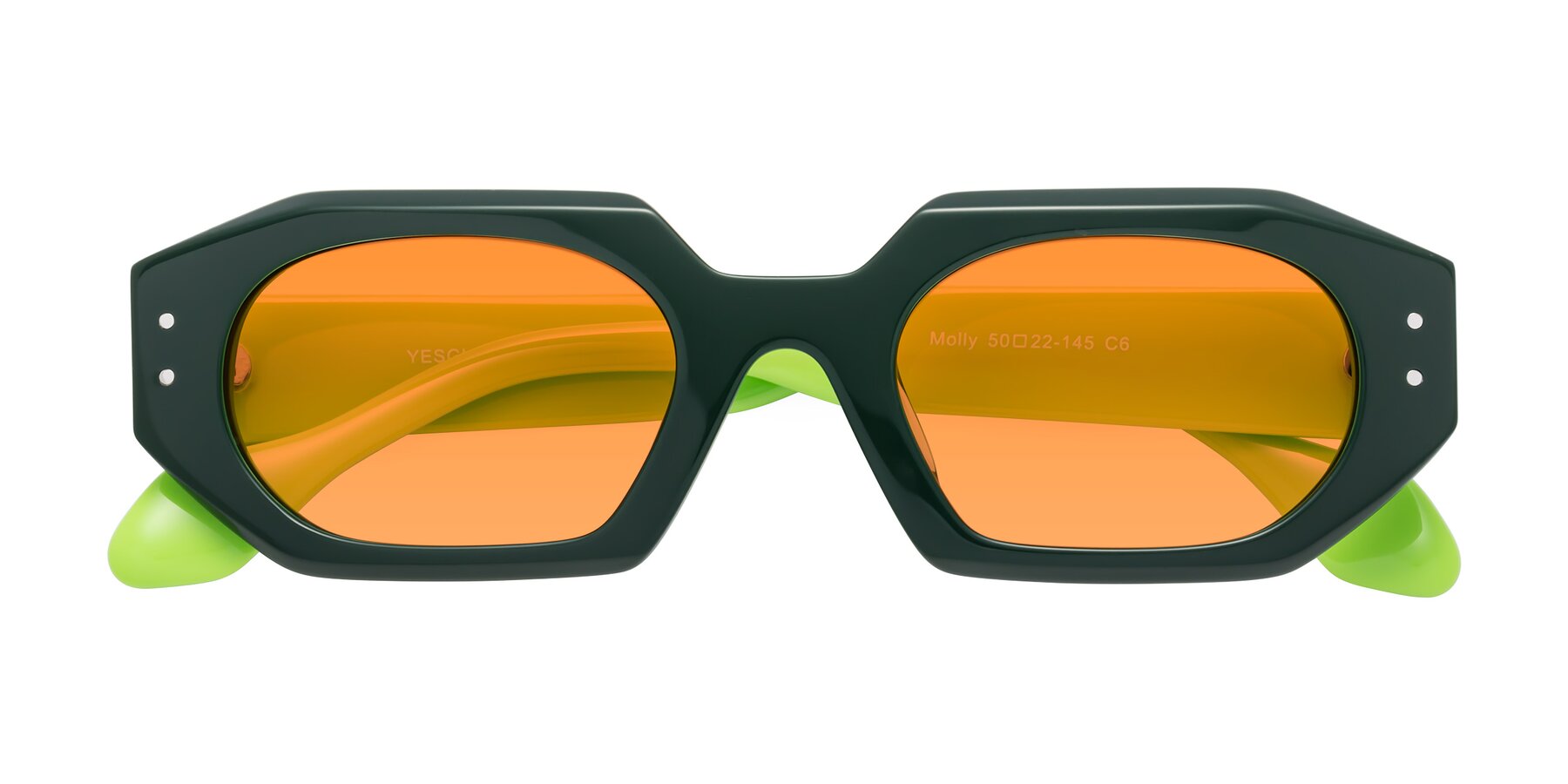 Folded Front of Molly in Forest-Lime with Orange Tinted Lenses