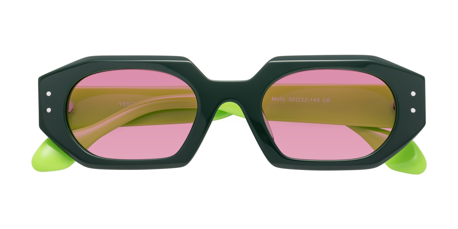 Folded Front of Molly in Forest-Lime with Medium Wine Tinted Lenses
