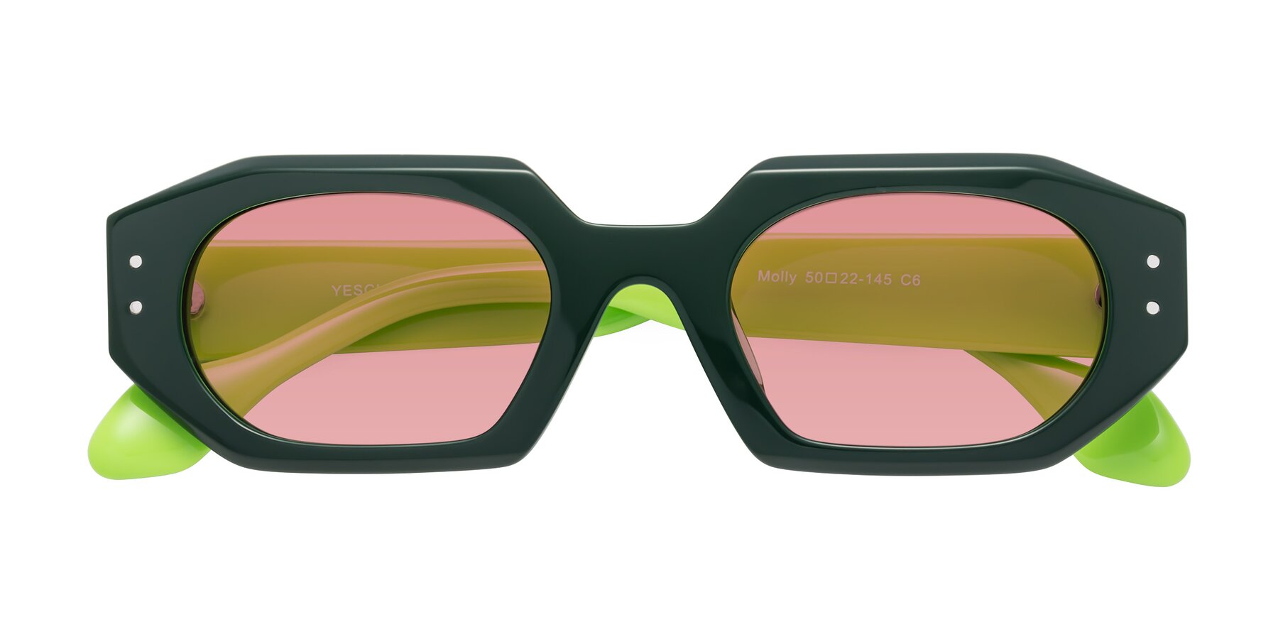 Folded Front of Molly in Forest-Lime with Medium Garnet Tinted Lenses