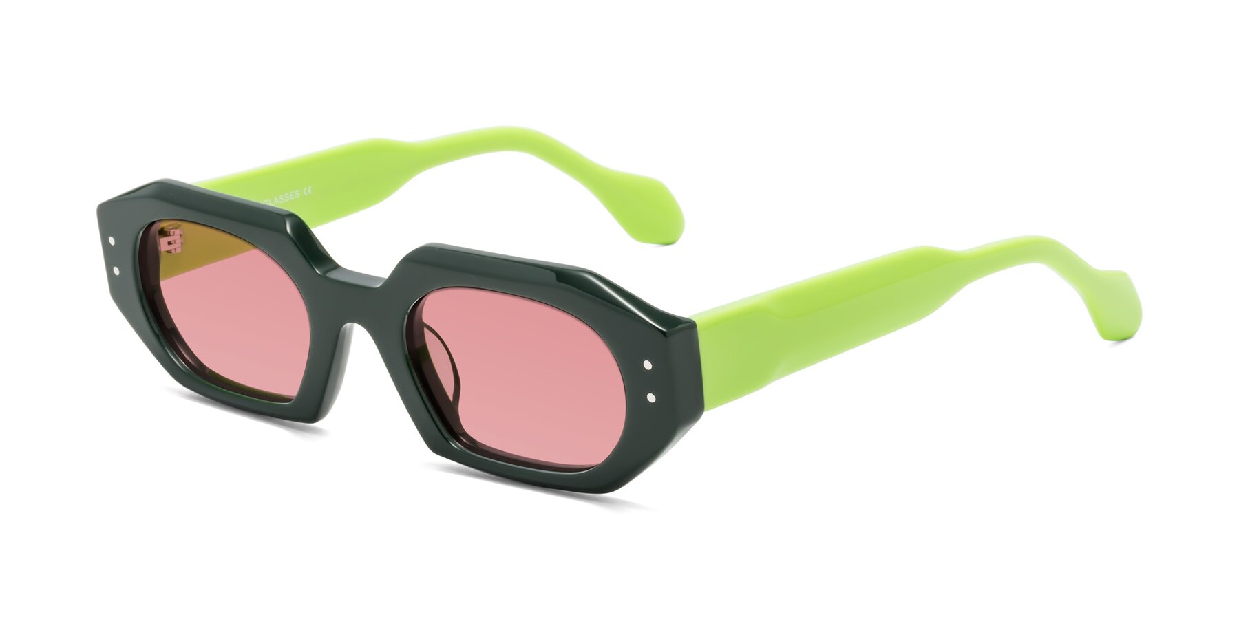 Angle of Molly in Forest-Lime with Medium Garnet Tinted Lenses