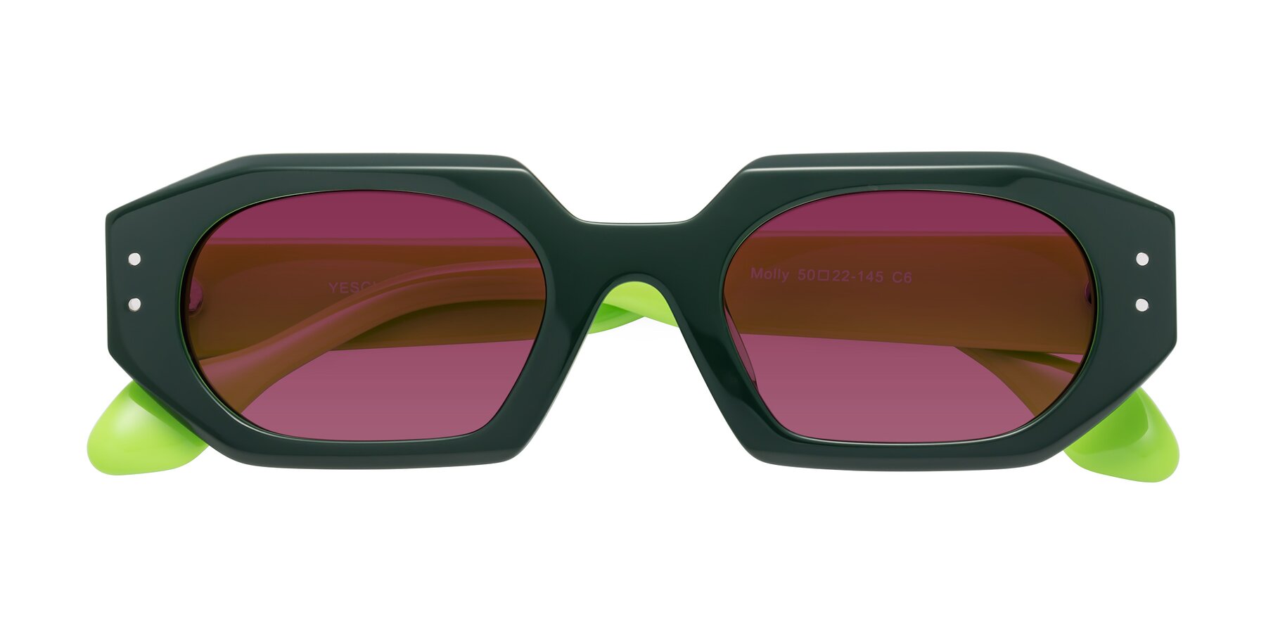 Folded Front of Molly in Forest-Lime with Wine Tinted Lenses