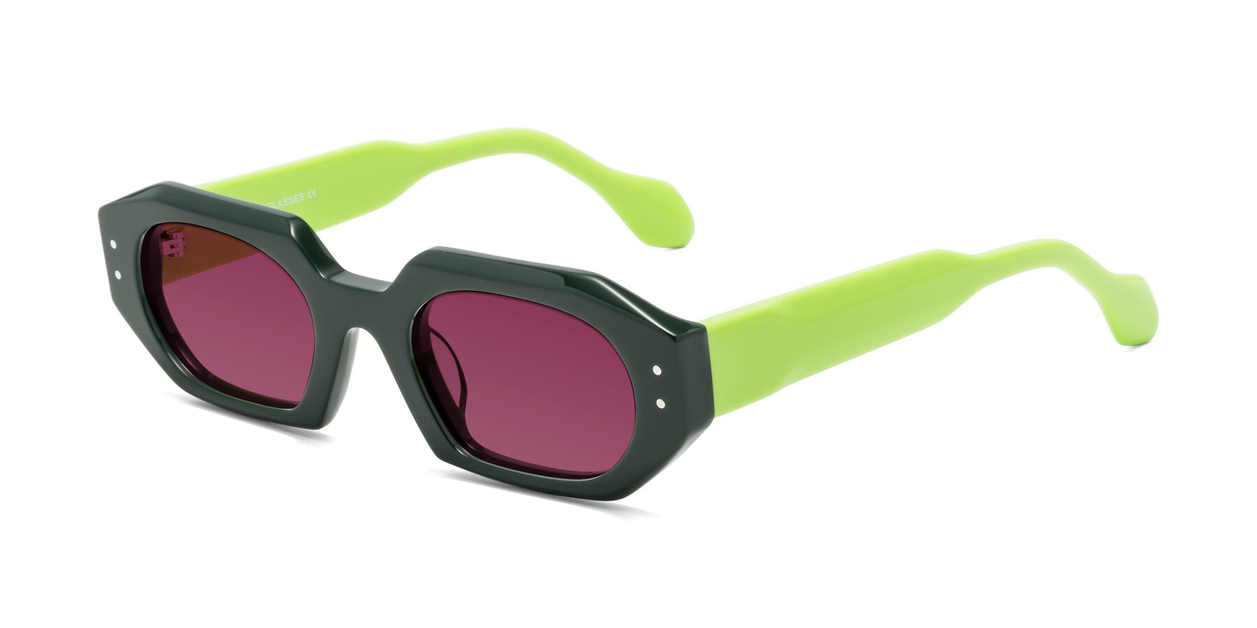 Angle of Molly in Forest-Lime with Wine Tinted Lenses