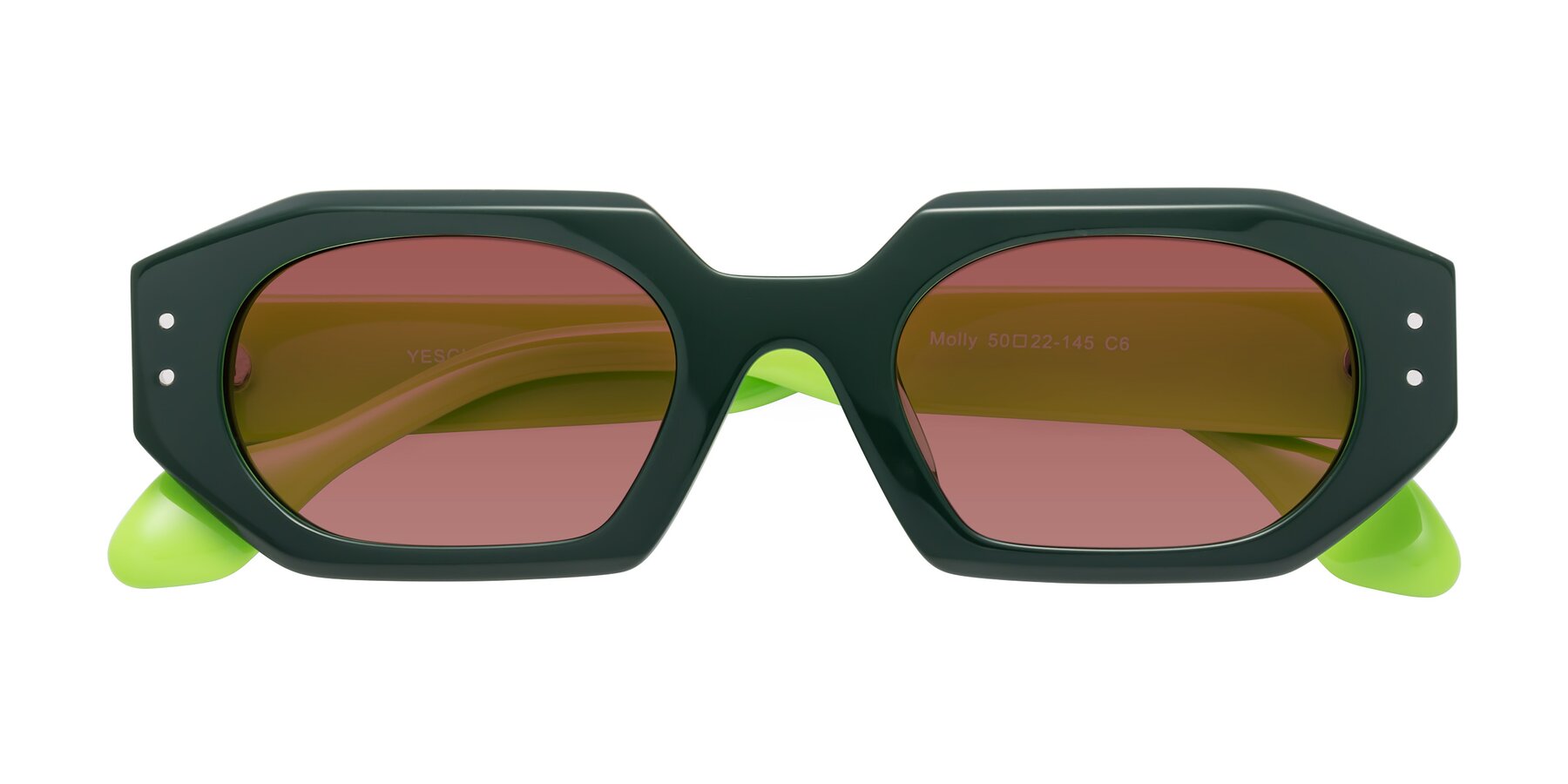 Folded Front of Molly in Forest-Lime with Garnet Tinted Lenses