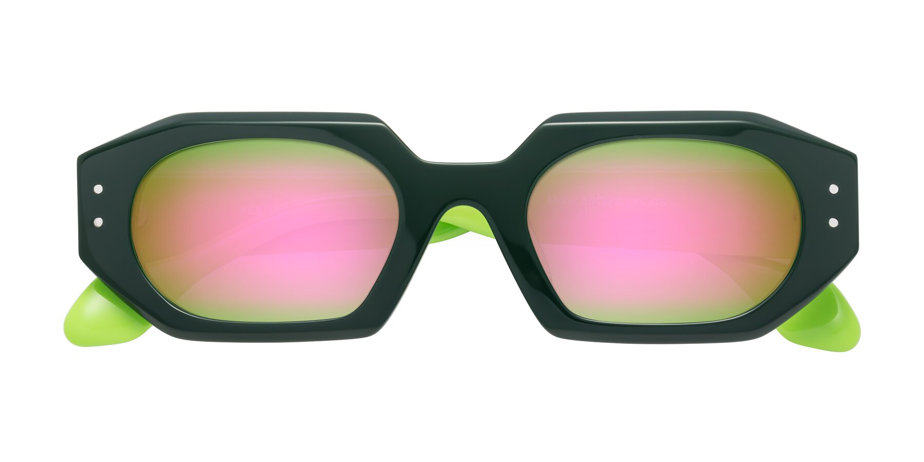 Folded Front of Molly in Forest-Lime with Pink Mirrored Lenses
