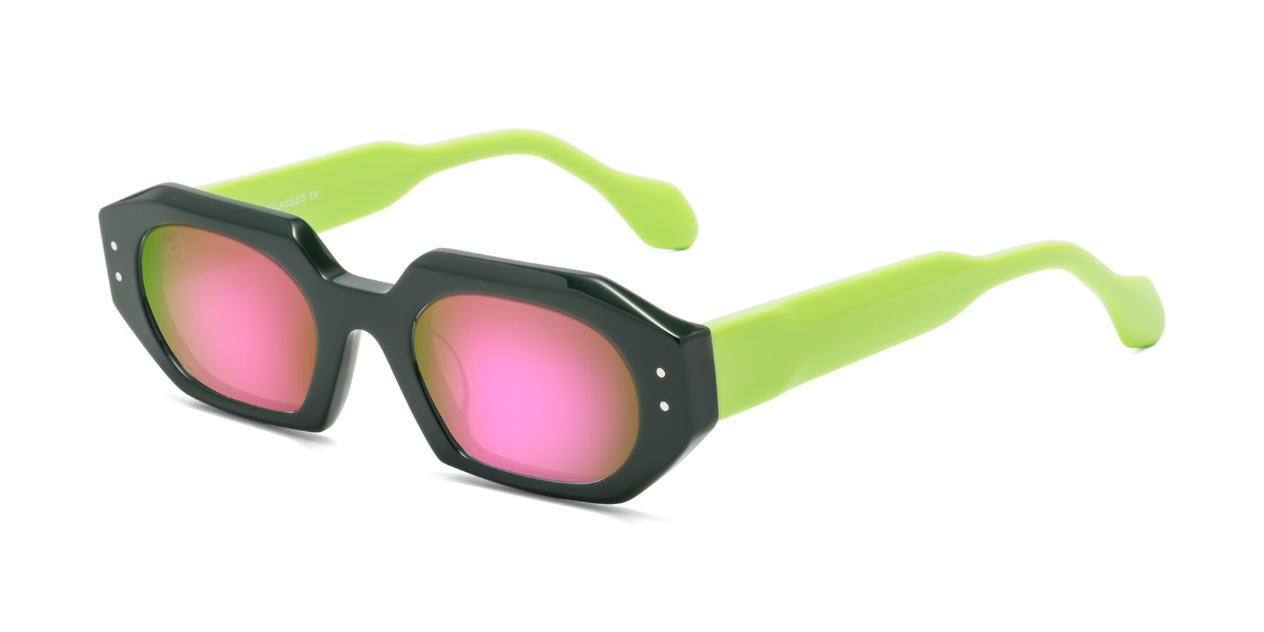 Angle of Molly in Forest-Lime with Pink Mirrored Lenses
