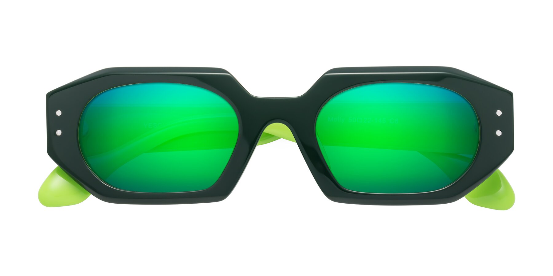 Folded Front of Molly in Forest-Lime with Green Mirrored Lenses