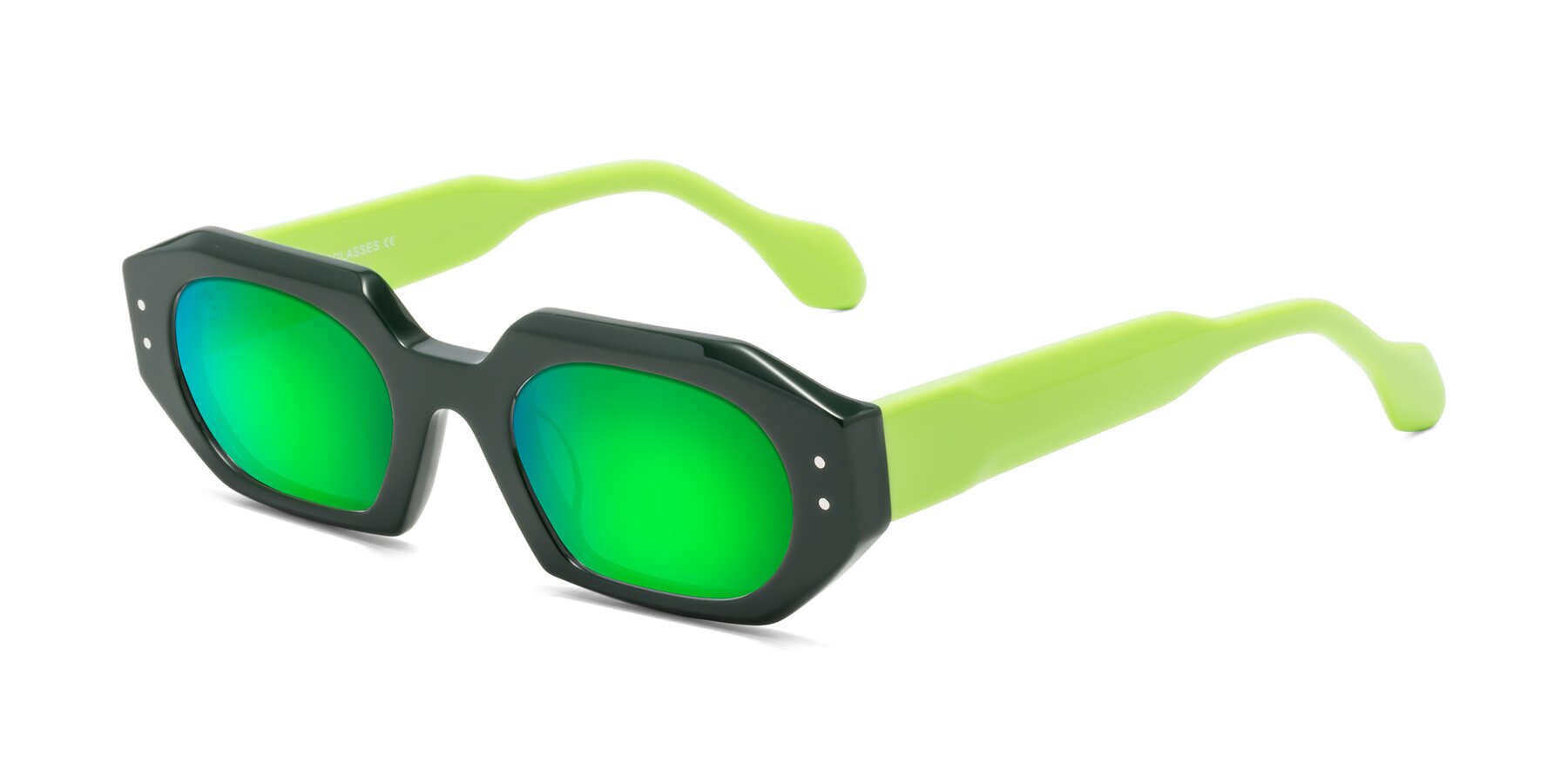 Angle of Molly in Forest-Lime with Green Mirrored Lenses