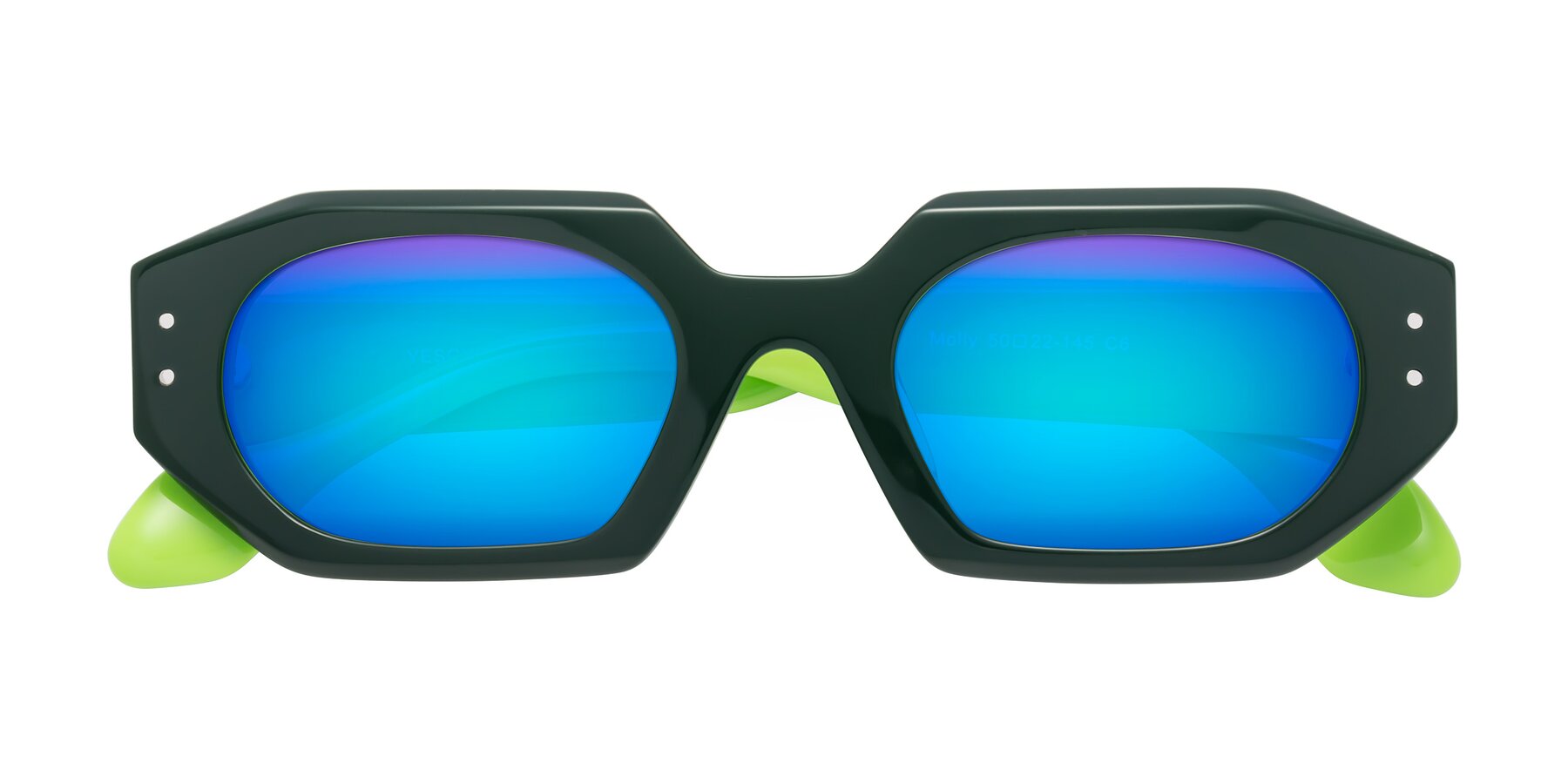 Folded Front of Molly in Forest-Lime with Blue Mirrored Lenses