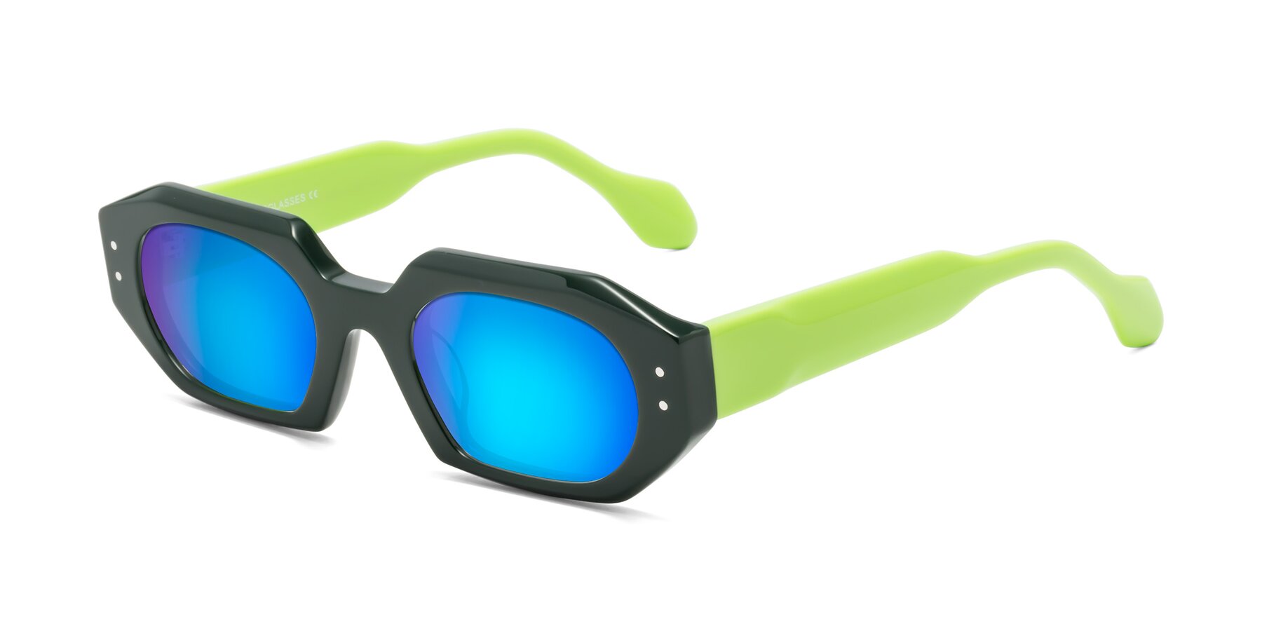 Angle of Molly in Forest-Lime with Blue Mirrored Lenses