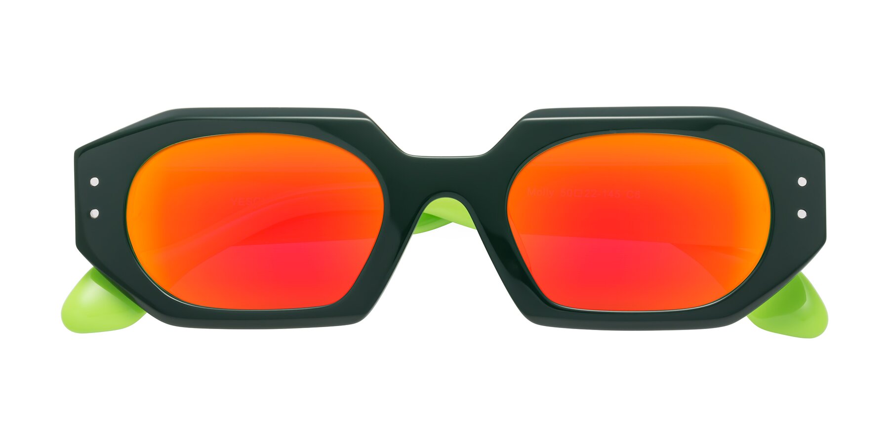 Folded Front of Molly in Forest-Lime with Red Gold Mirrored Lenses