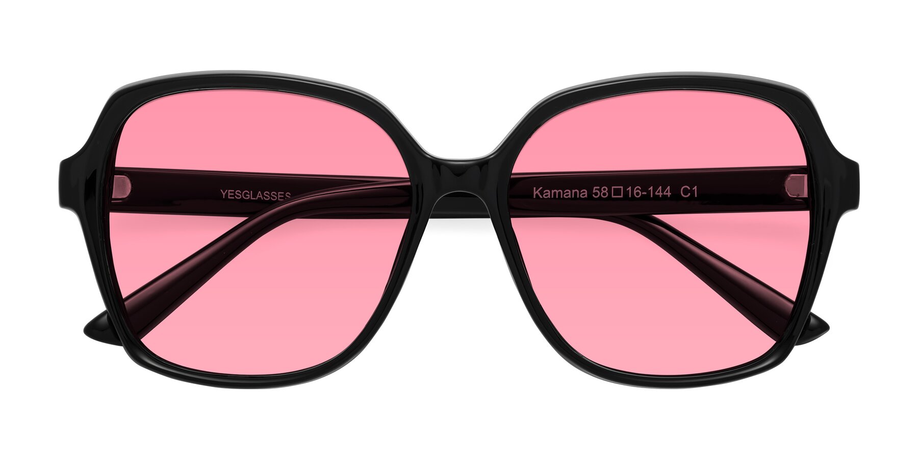 Folded Front of Kamana in Black with Pink Tinted Lenses