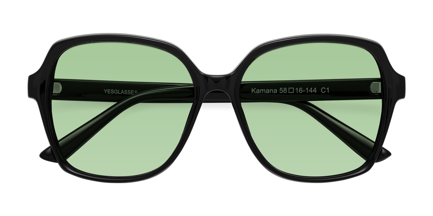Folded Front of Kamana in Black with Medium Green Tinted Lenses