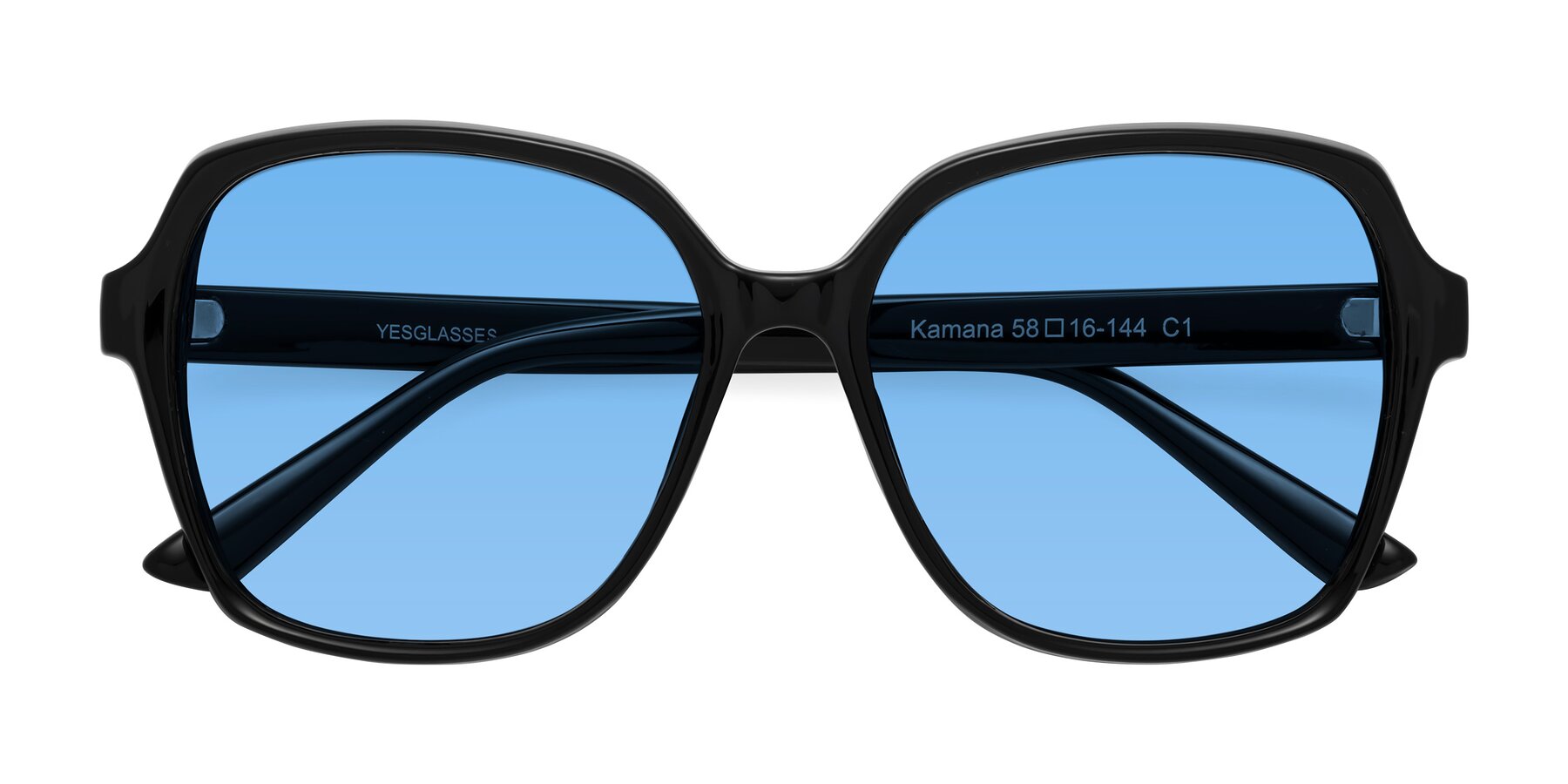 Folded Front of Kamana in Black with Medium Blue Tinted Lenses