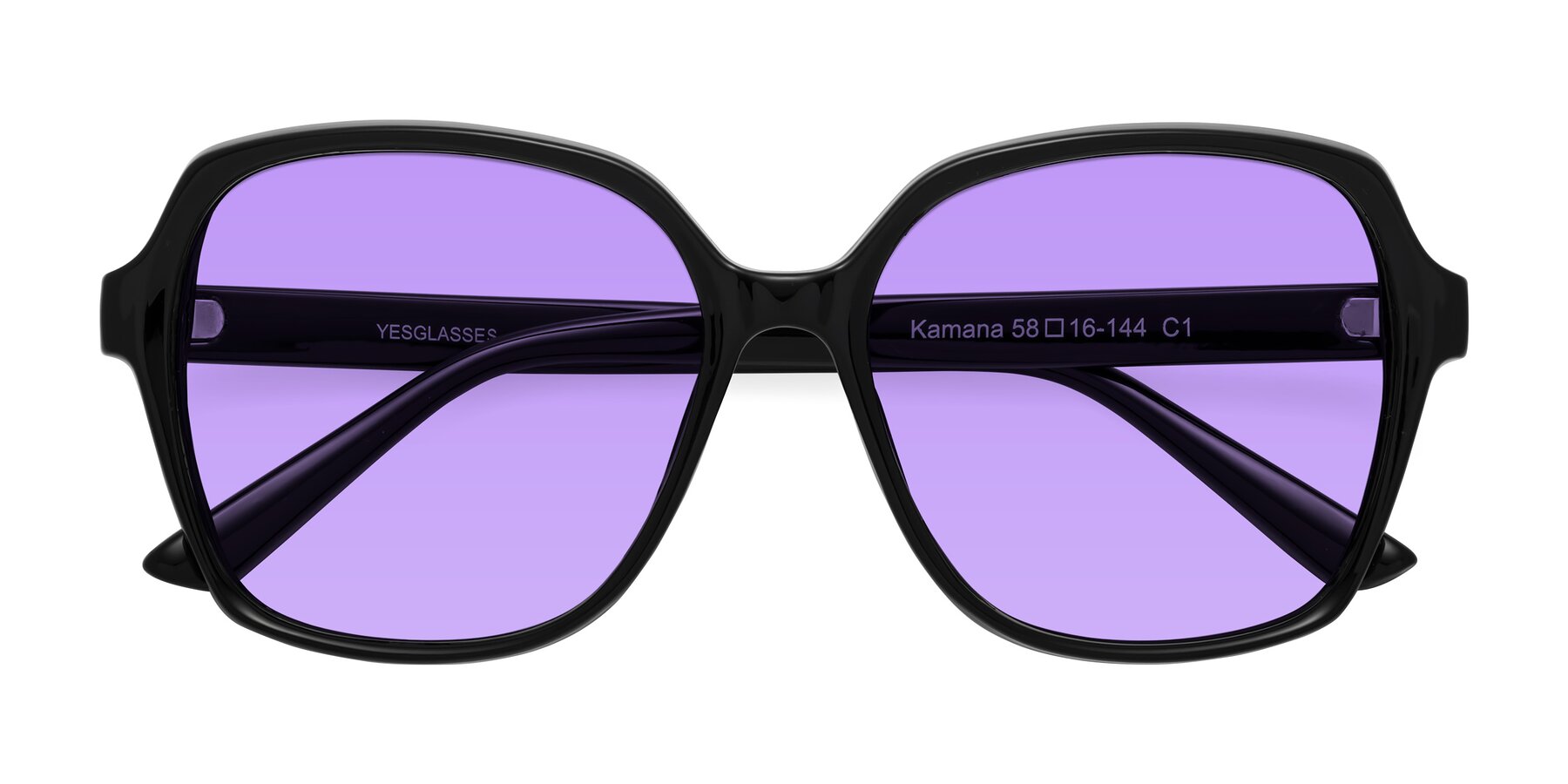 Folded Front of Kamana in Black with Medium Purple Tinted Lenses