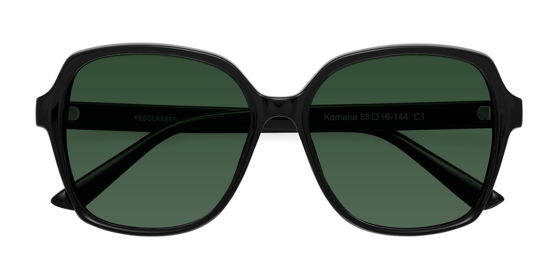 Folded Front of Kamana in Black with Green Tinted Lenses