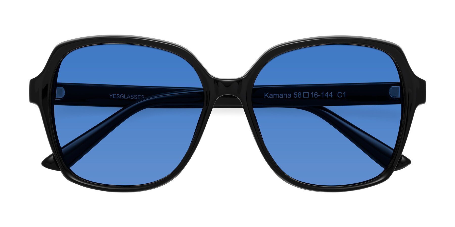 Folded Front of Kamana in Black with Blue Tinted Lenses