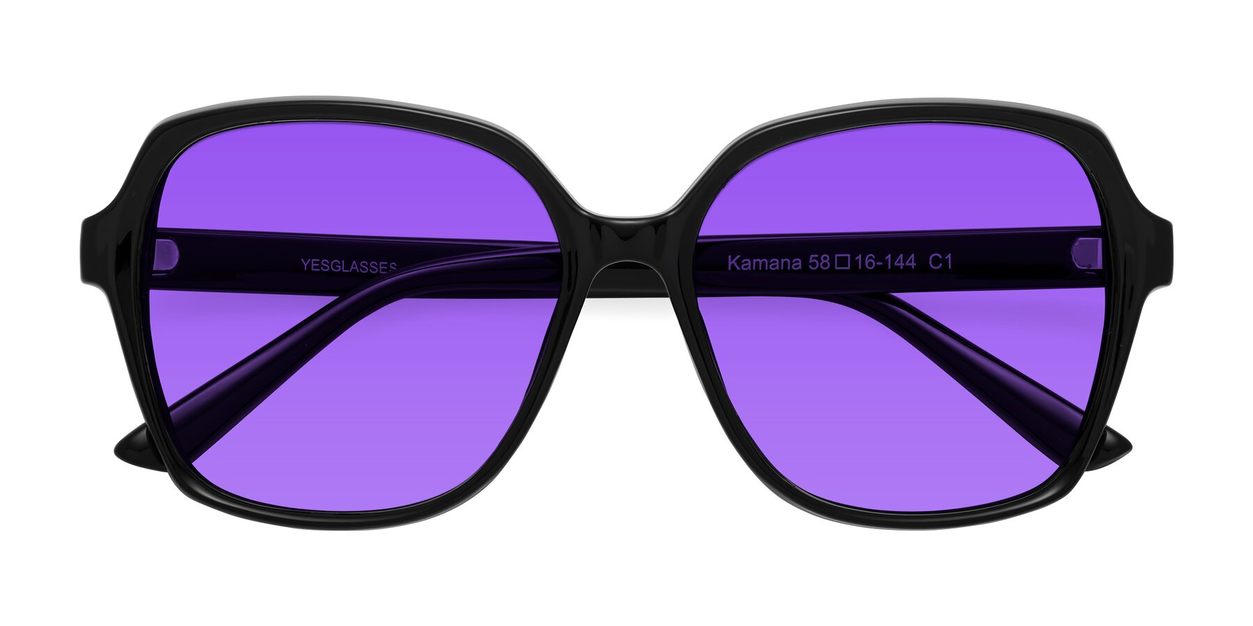 Folded Front of Kamana in Black with Purple Tinted Lenses