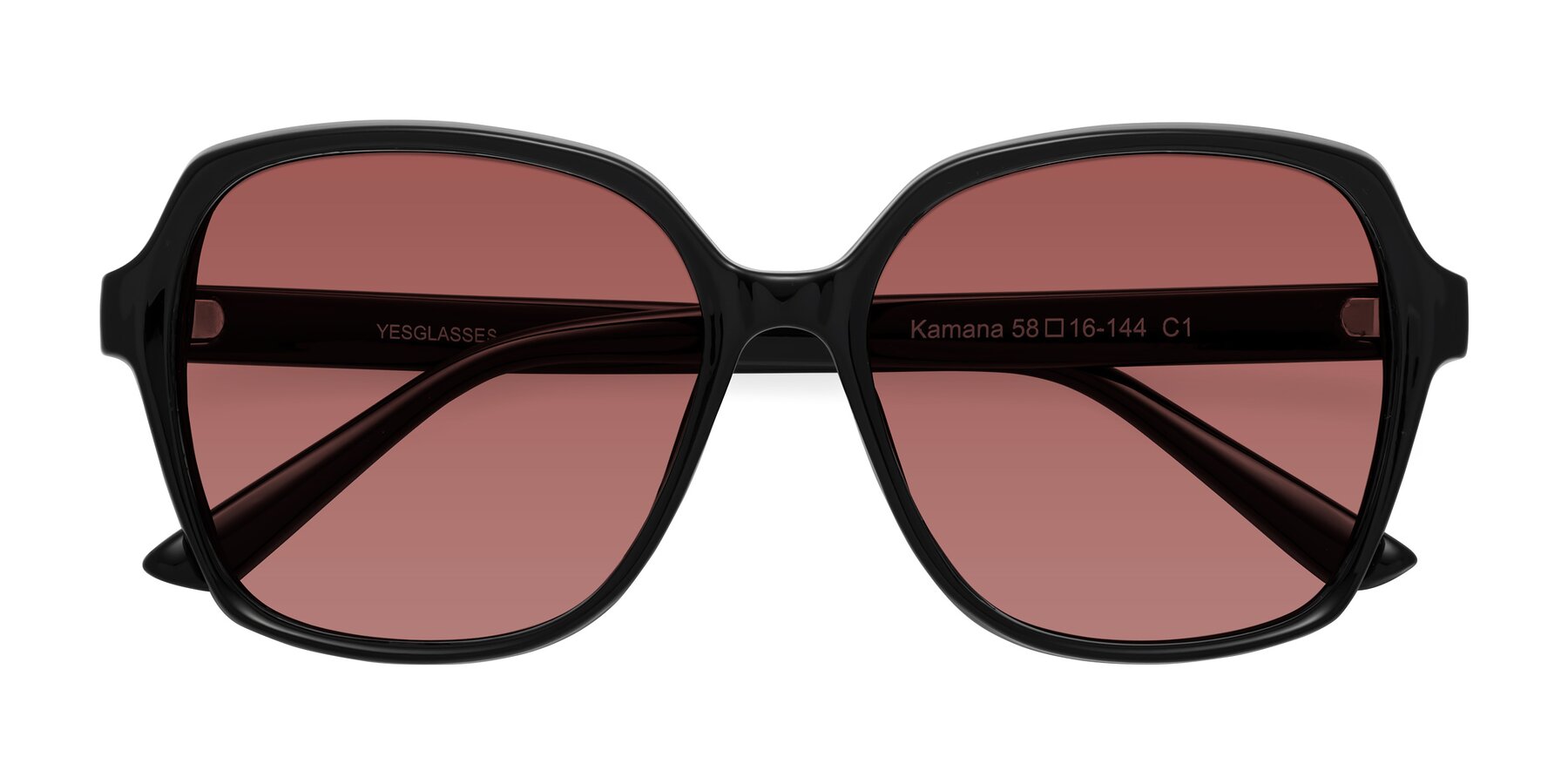 Folded Front of Kamana in Black with Garnet Tinted Lenses