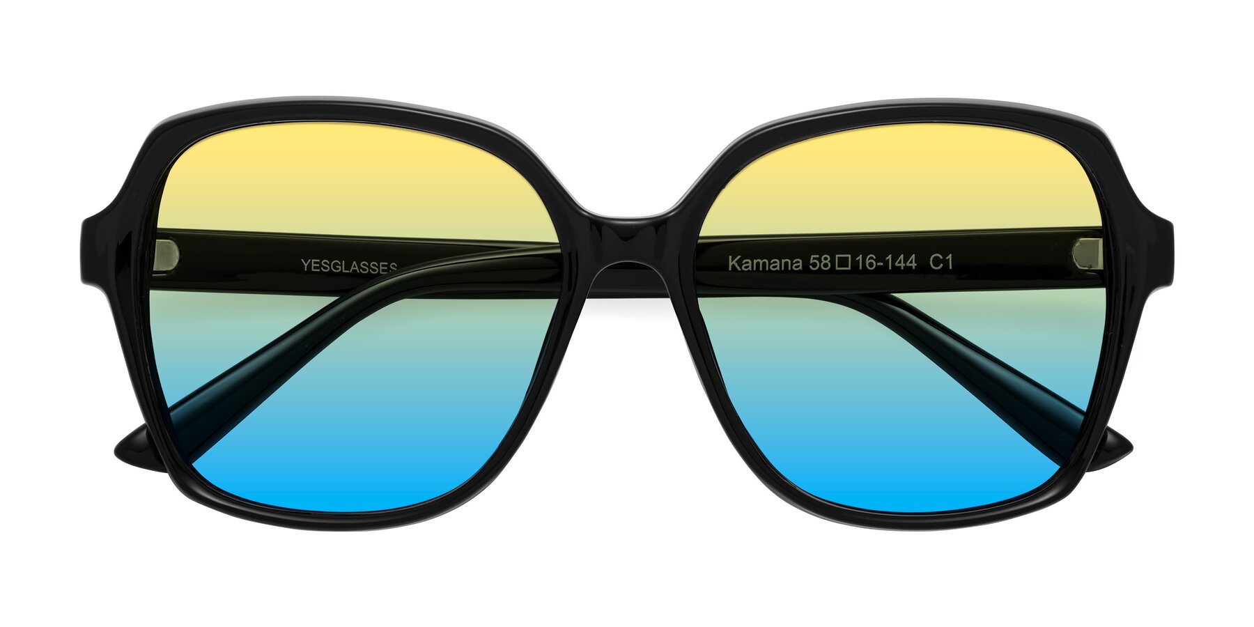 Folded Front of Kamana in Black with Yellow / Blue Gradient Lenses