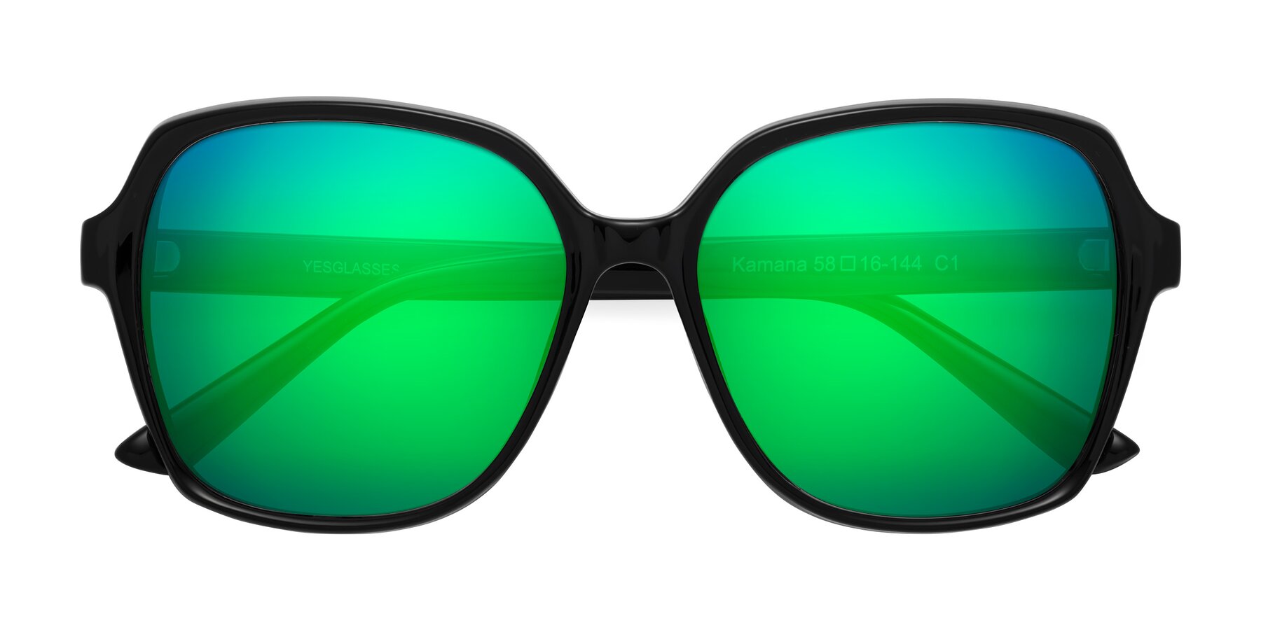 Folded Front of Kamana in Black with Green Mirrored Lenses