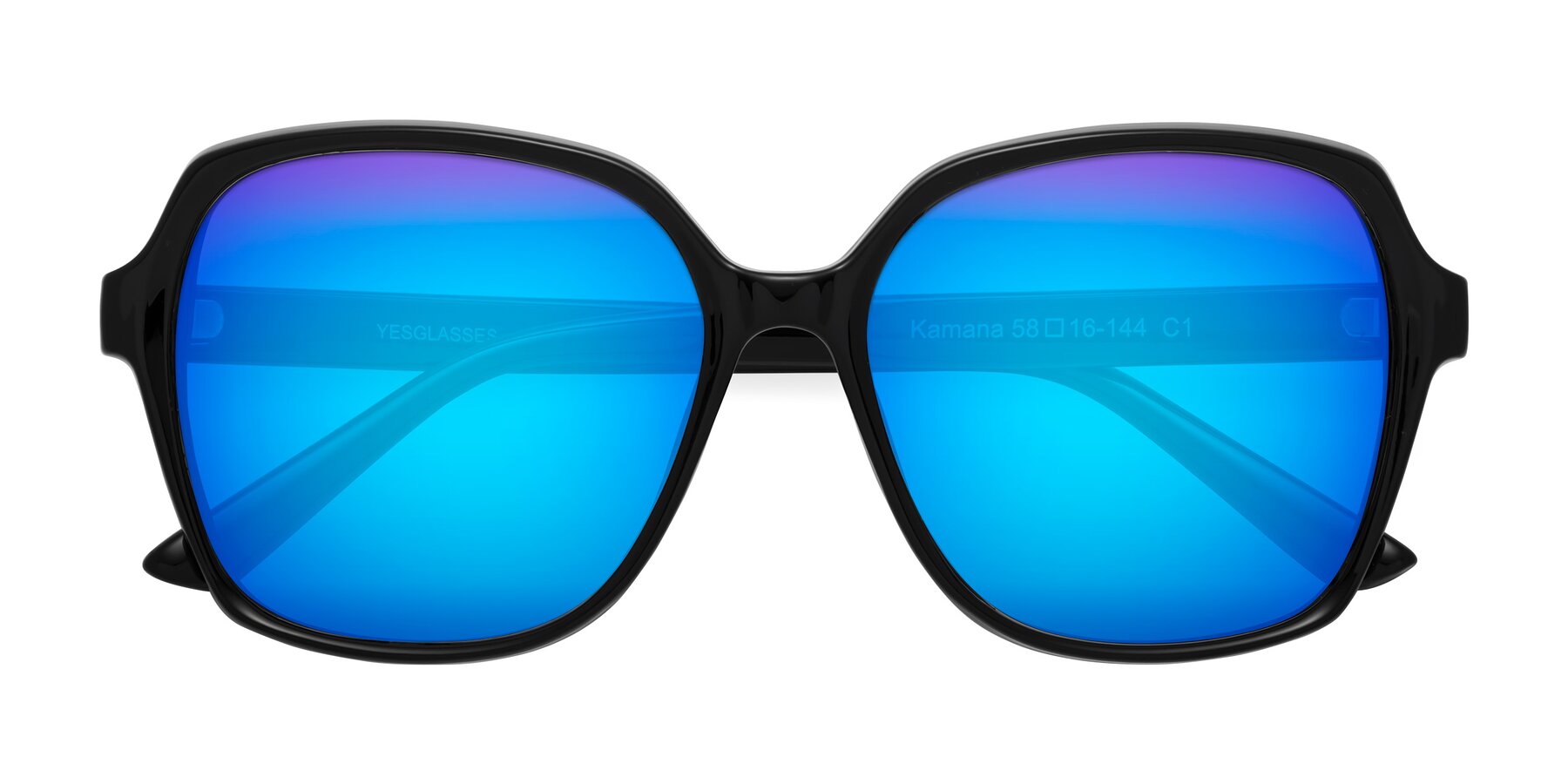 Folded Front of Kamana in Black with Blue Mirrored Lenses