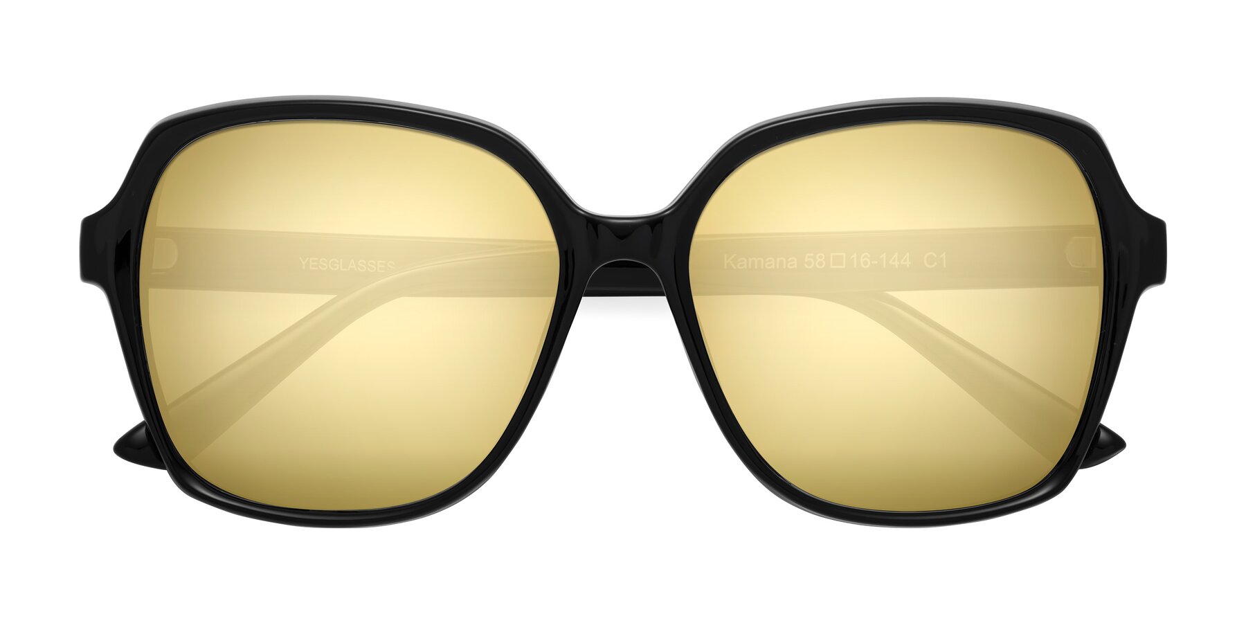 Folded Front of Kamana in Black with Gold Mirrored Lenses