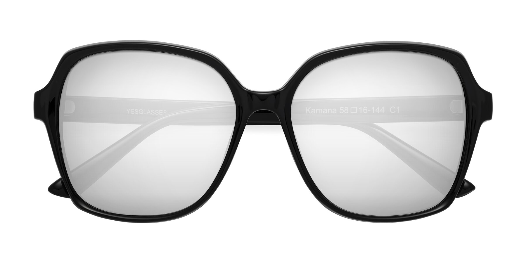 Folded Front of Kamana in Black with Silver Mirrored Lenses