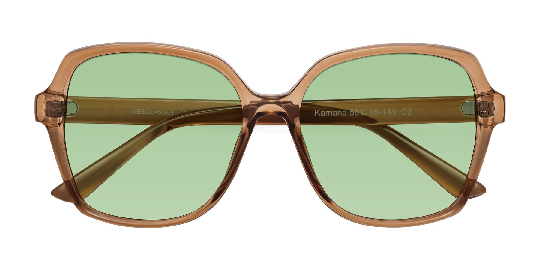 Folded Front of Kamana in Light Brown with Medium Green Tinted Lenses