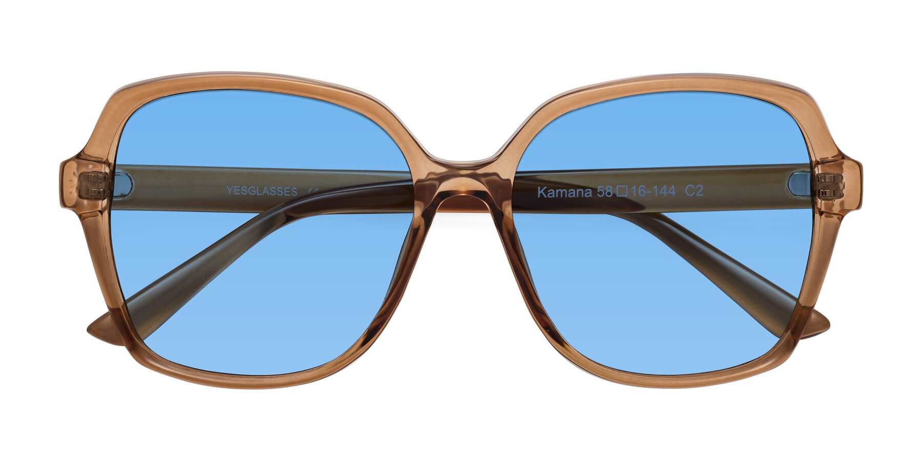 Folded Front of Kamana in Light Brown with Medium Blue Tinted Lenses
