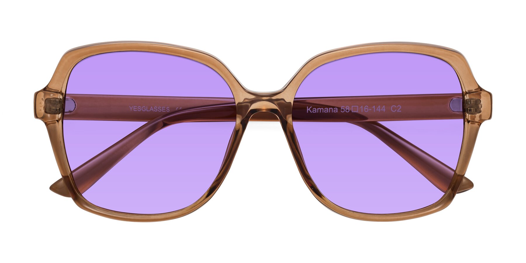 Folded Front of Kamana in Light Brown with Medium Purple Tinted Lenses