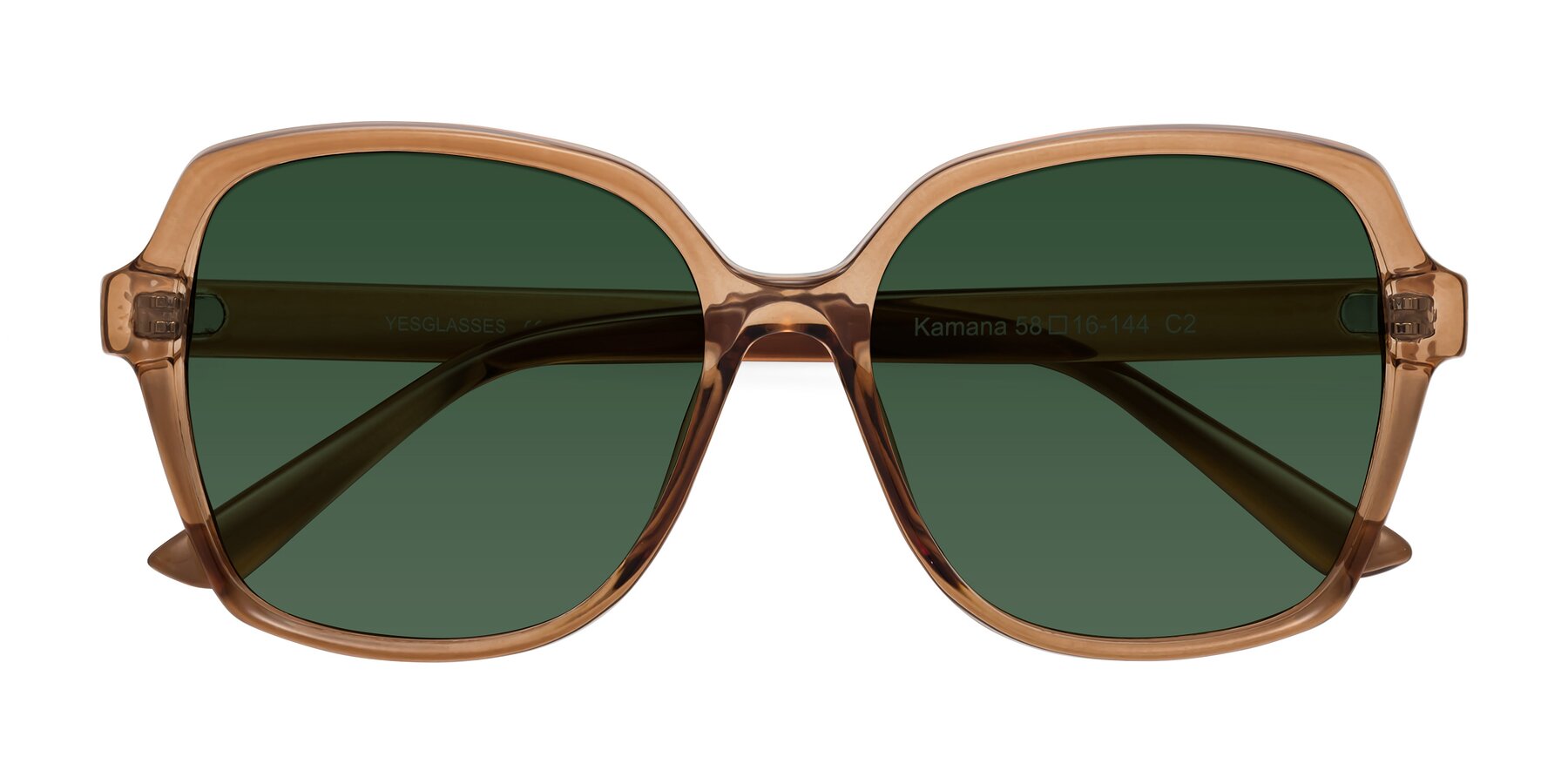 Folded Front of Kamana in Light Brown with Green Tinted Lenses