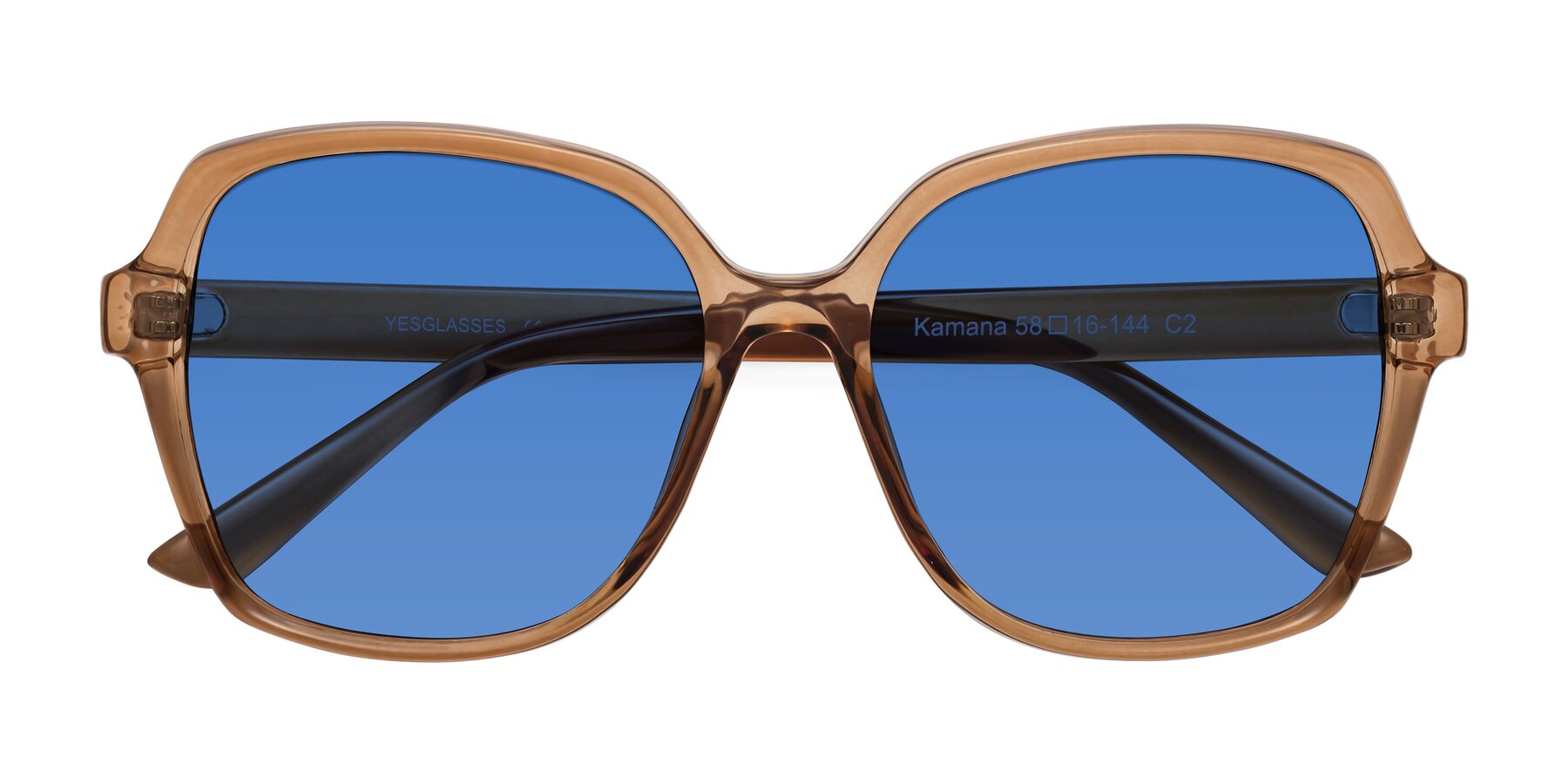 Folded Front of Kamana in Light Brown with Blue Tinted Lenses