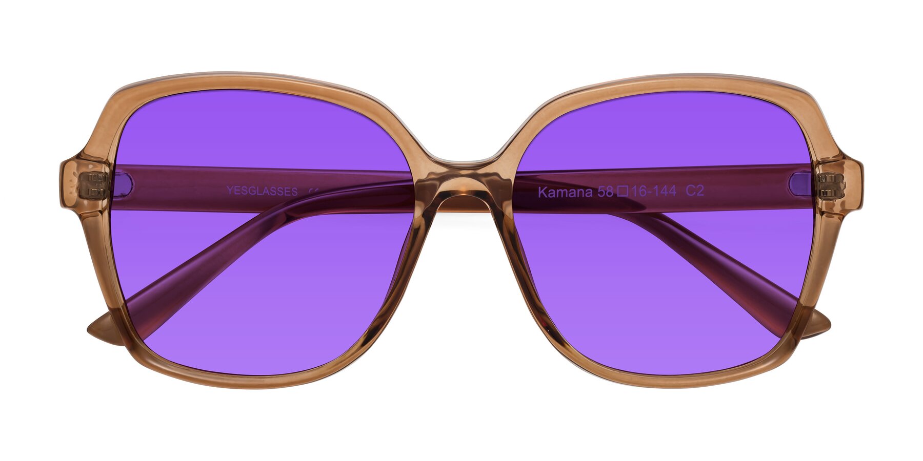 Folded Front of Kamana in Light Brown with Purple Tinted Lenses