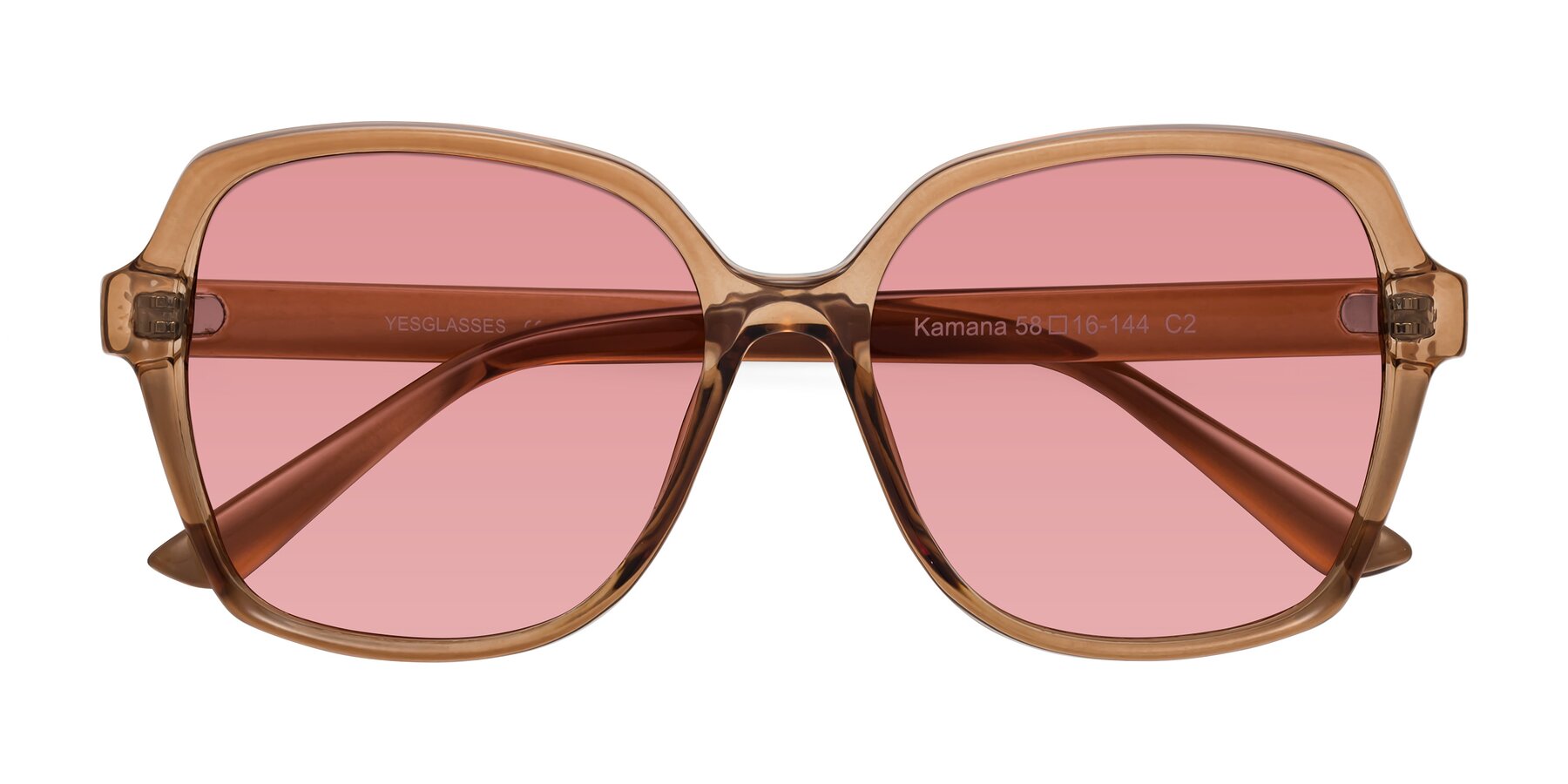 Folded Front of Kamana in Light Brown with Medium Garnet Tinted Lenses