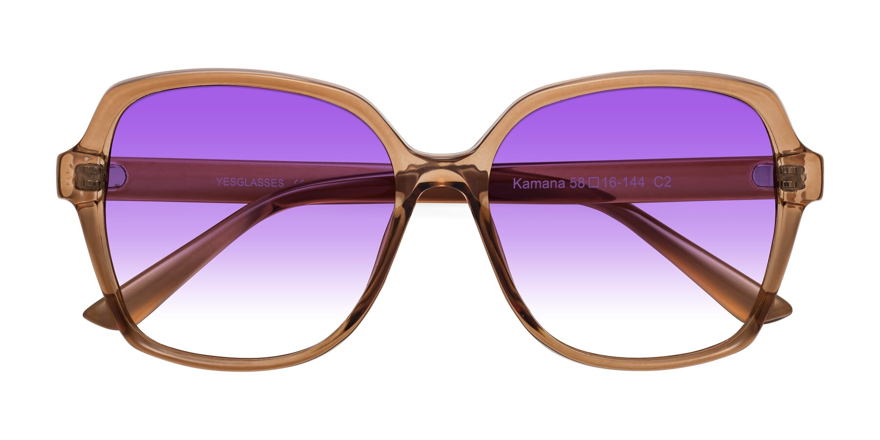 Folded Front of Kamana in Light Brown with Purple Gradient Lenses