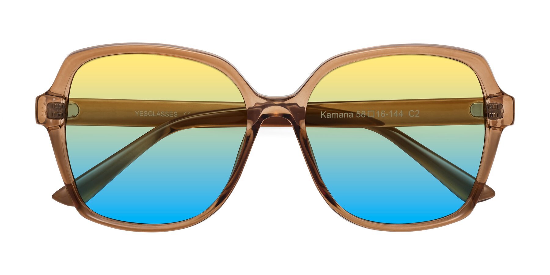 Folded Front of Kamana in Light Brown with Yellow / Blue Gradient Lenses