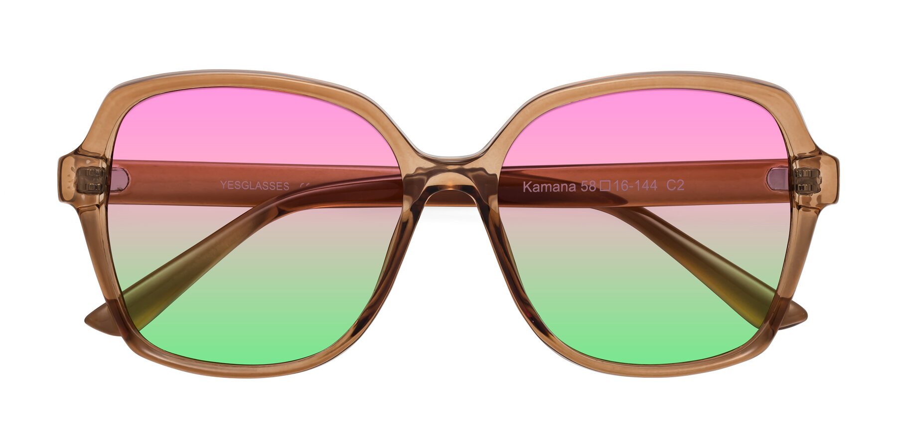 Folded Front of Kamana in Light Brown with Pink / Green Gradient Lenses