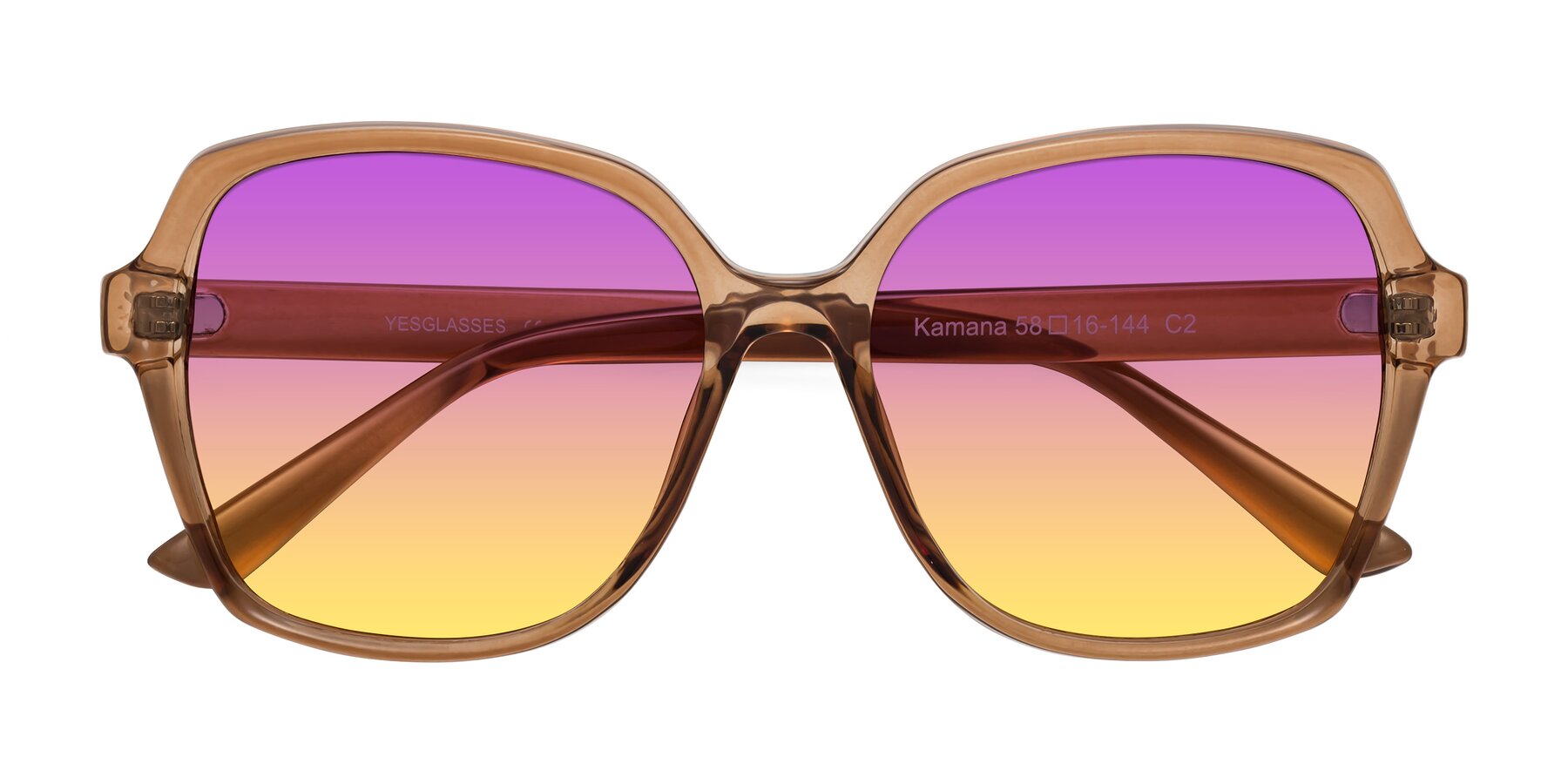 Folded Front of Kamana in Light Brown with Purple / Yellow Gradient Lenses