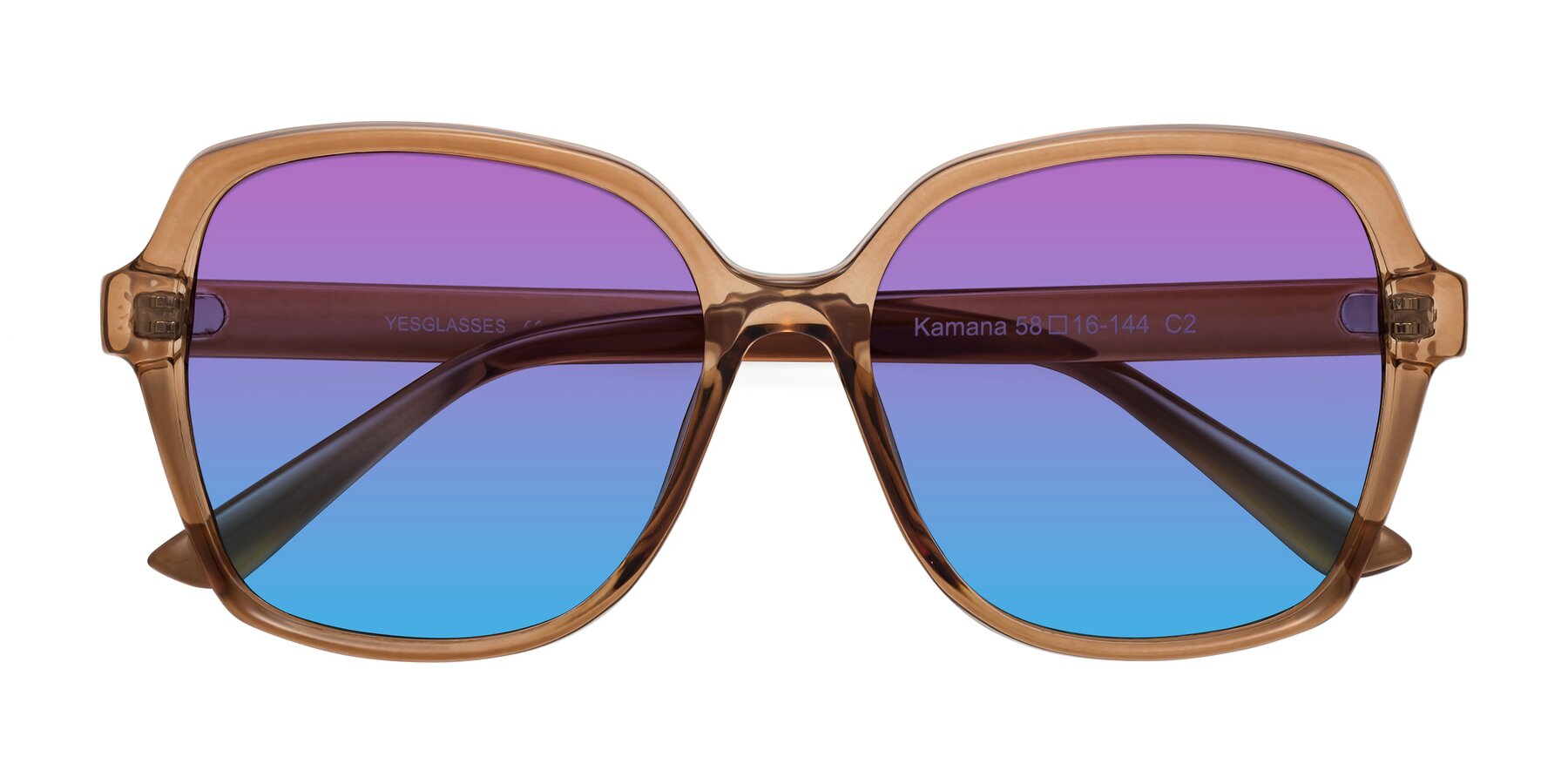 Folded Front of Kamana in Light Brown with Purple / Blue Gradient Lenses