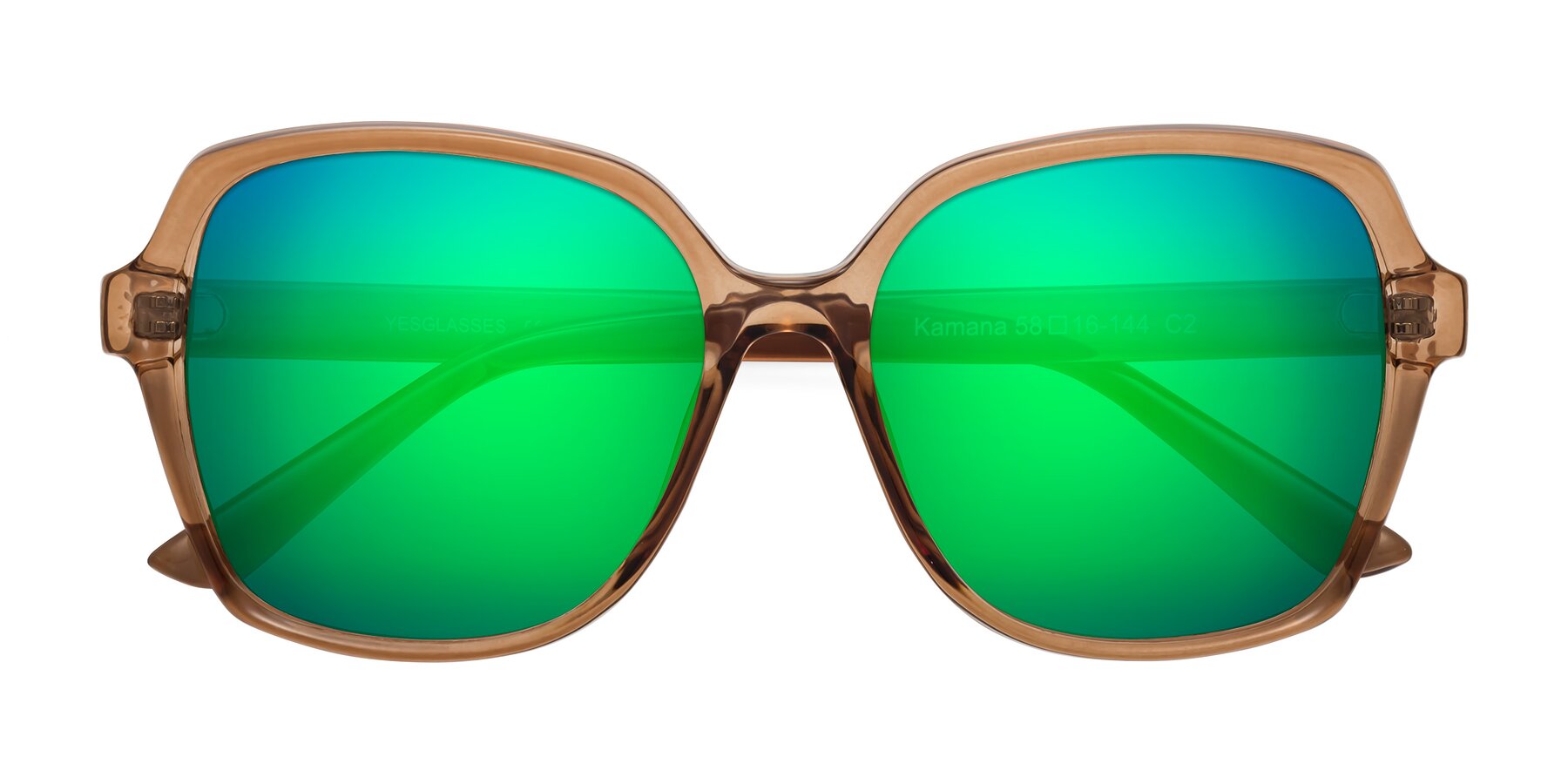 Folded Front of Kamana in Light Brown with Green Mirrored Lenses