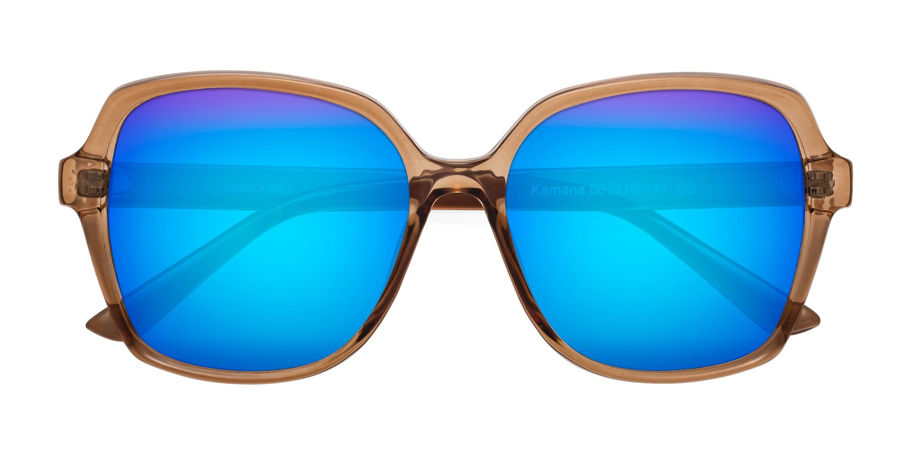 Folded Front of Kamana in Light Brown with Blue Mirrored Lenses