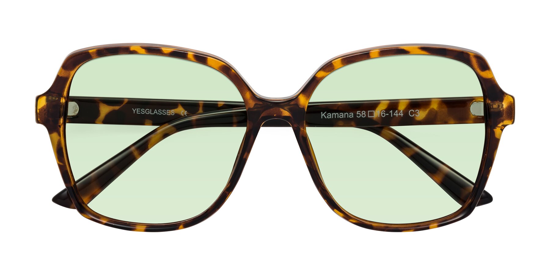 Folded Front of Kamana in Tortoise with Light Green Tinted Lenses