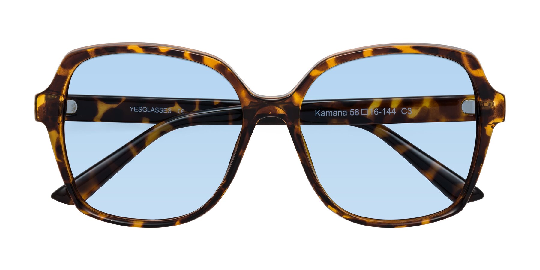 Folded Front of Kamana in Tortoise with Light Blue Tinted Lenses
