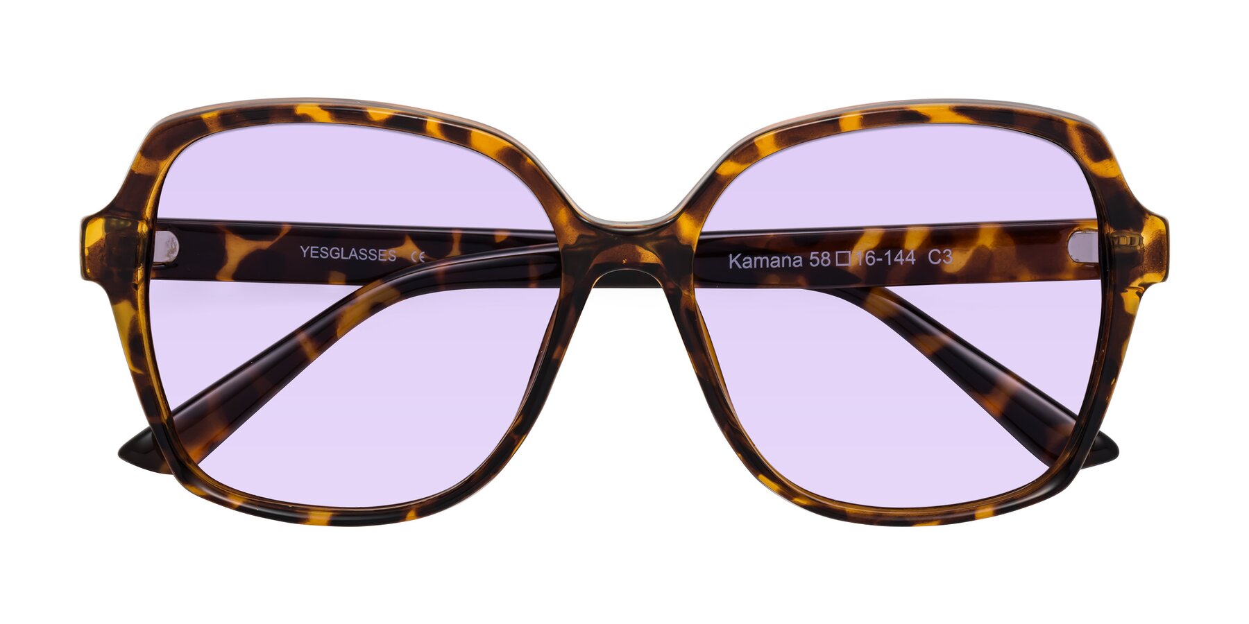 Folded Front of Kamana in Tortoise with Light Purple Tinted Lenses
