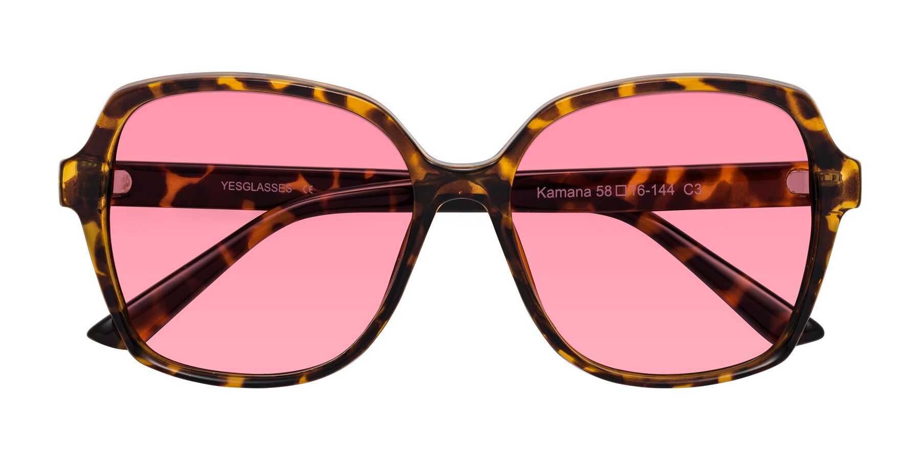 Folded Front of Kamana in Tortoise with Pink Tinted Lenses