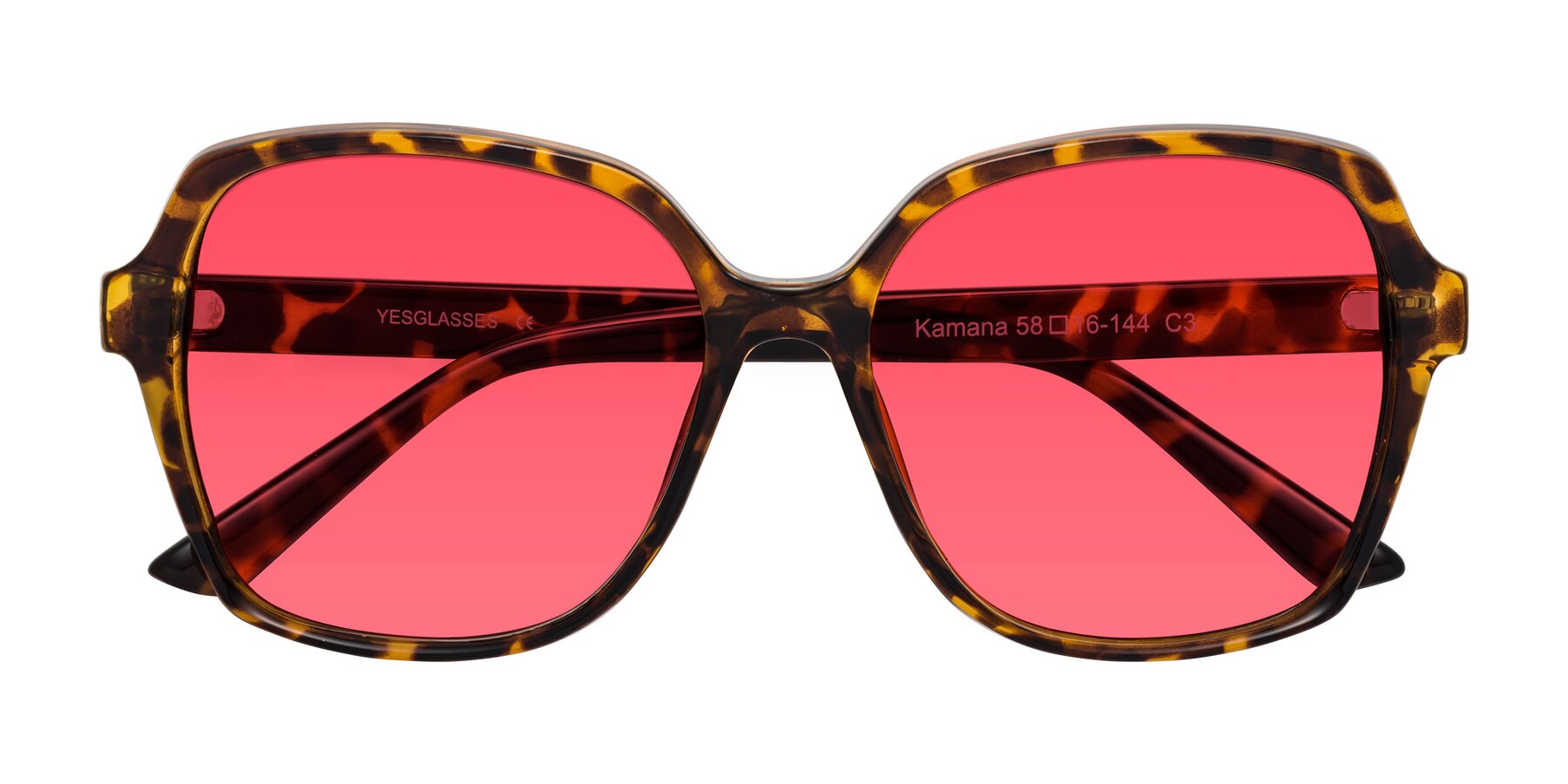 Folded Front of Kamana in Tortoise with Red Tinted Lenses