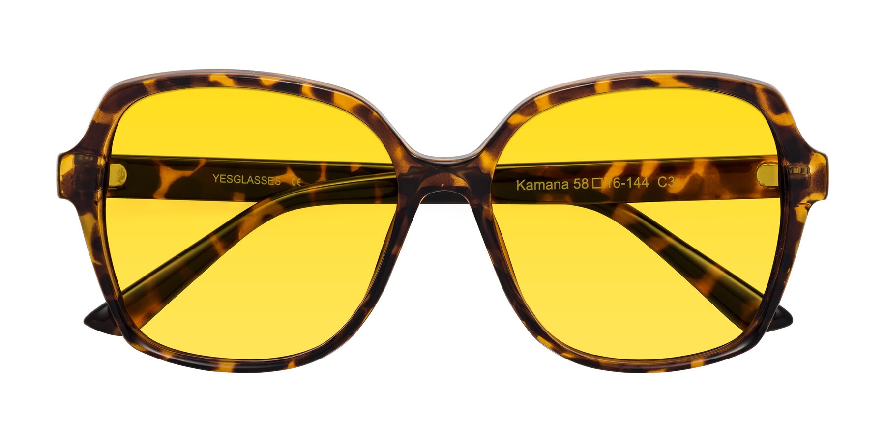 Folded Front of Kamana in Tortoise with Yellow Tinted Lenses